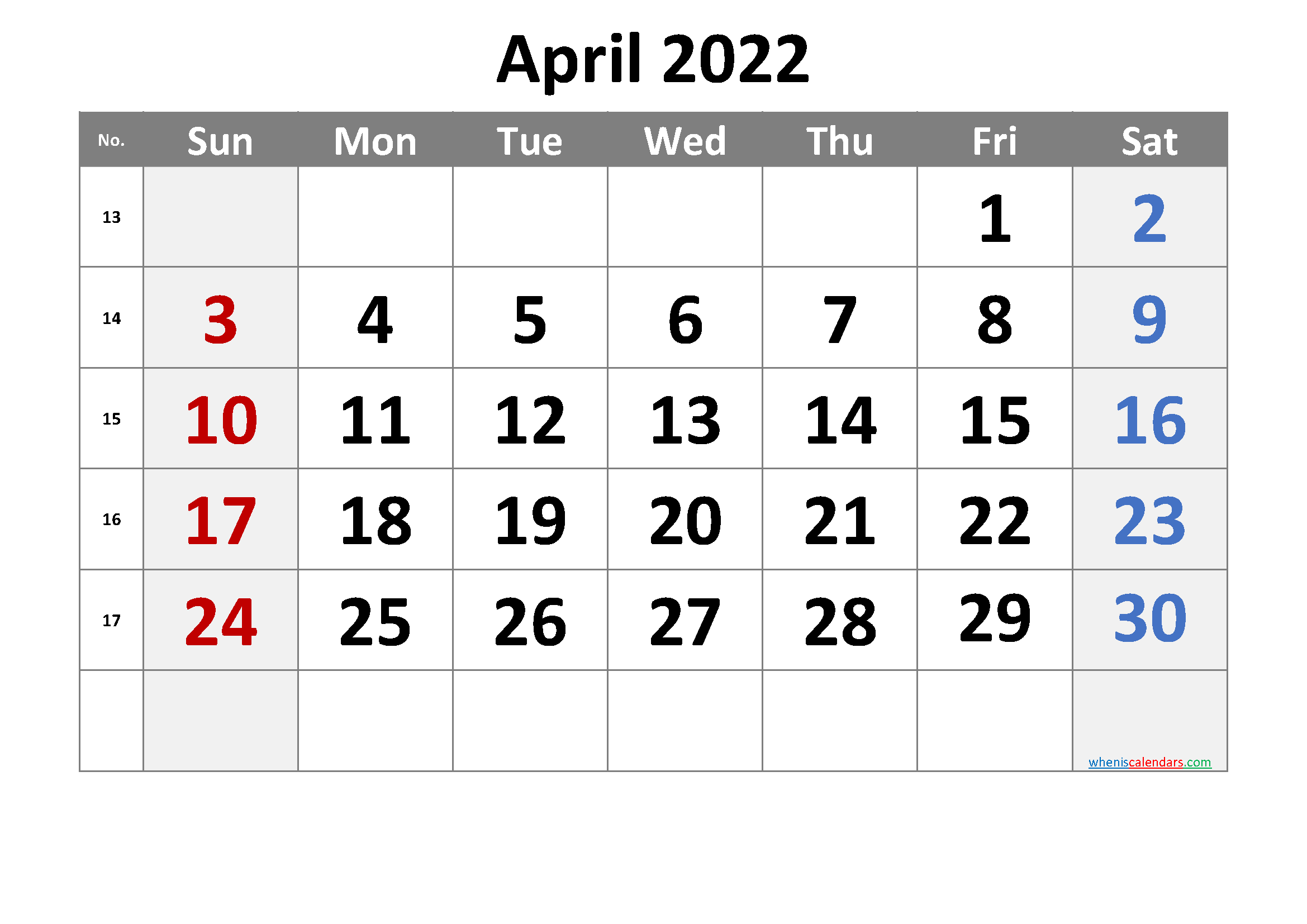 Free Printable 2022 April  Calendar
