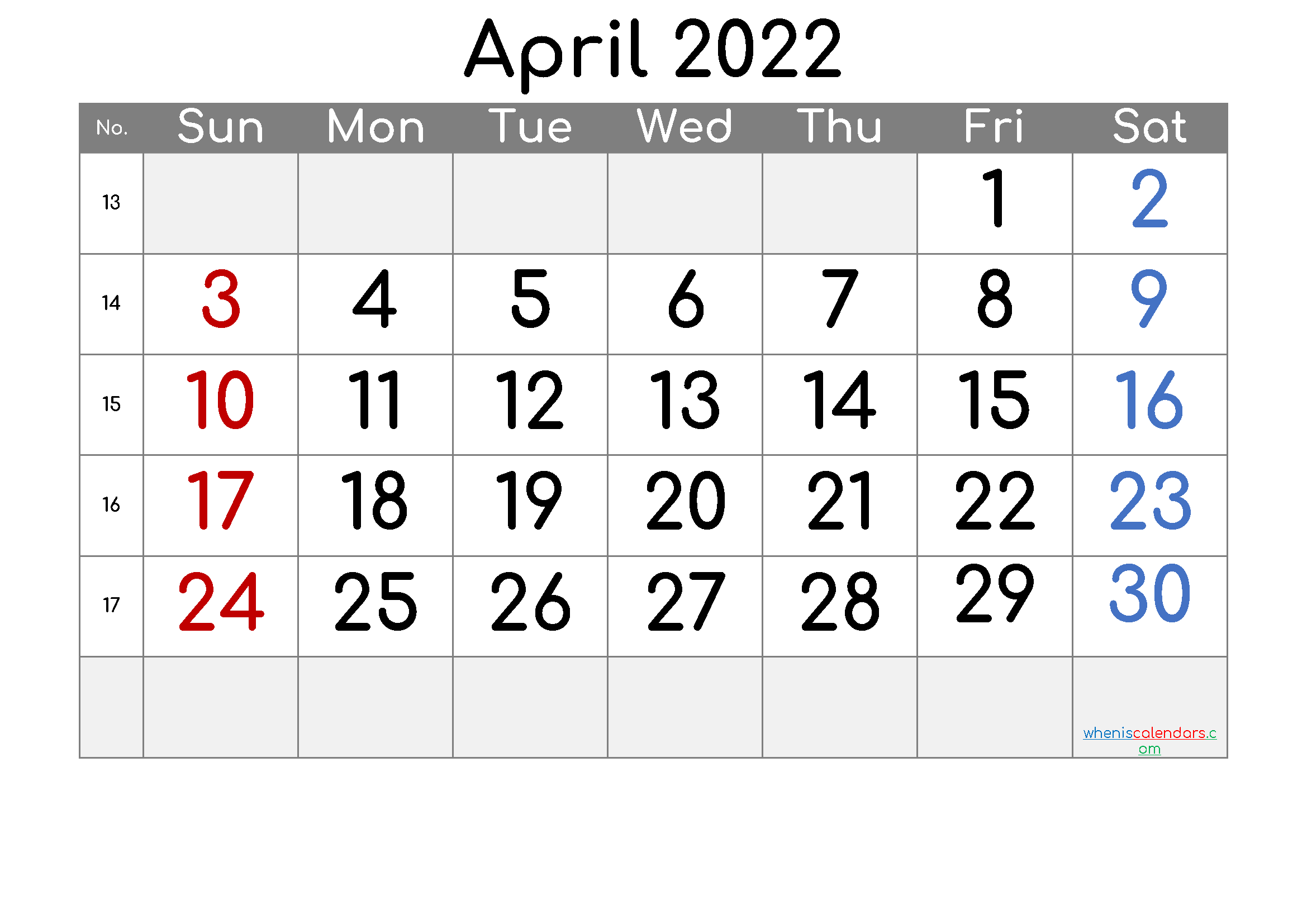 2022 April Free Printable Calendar
