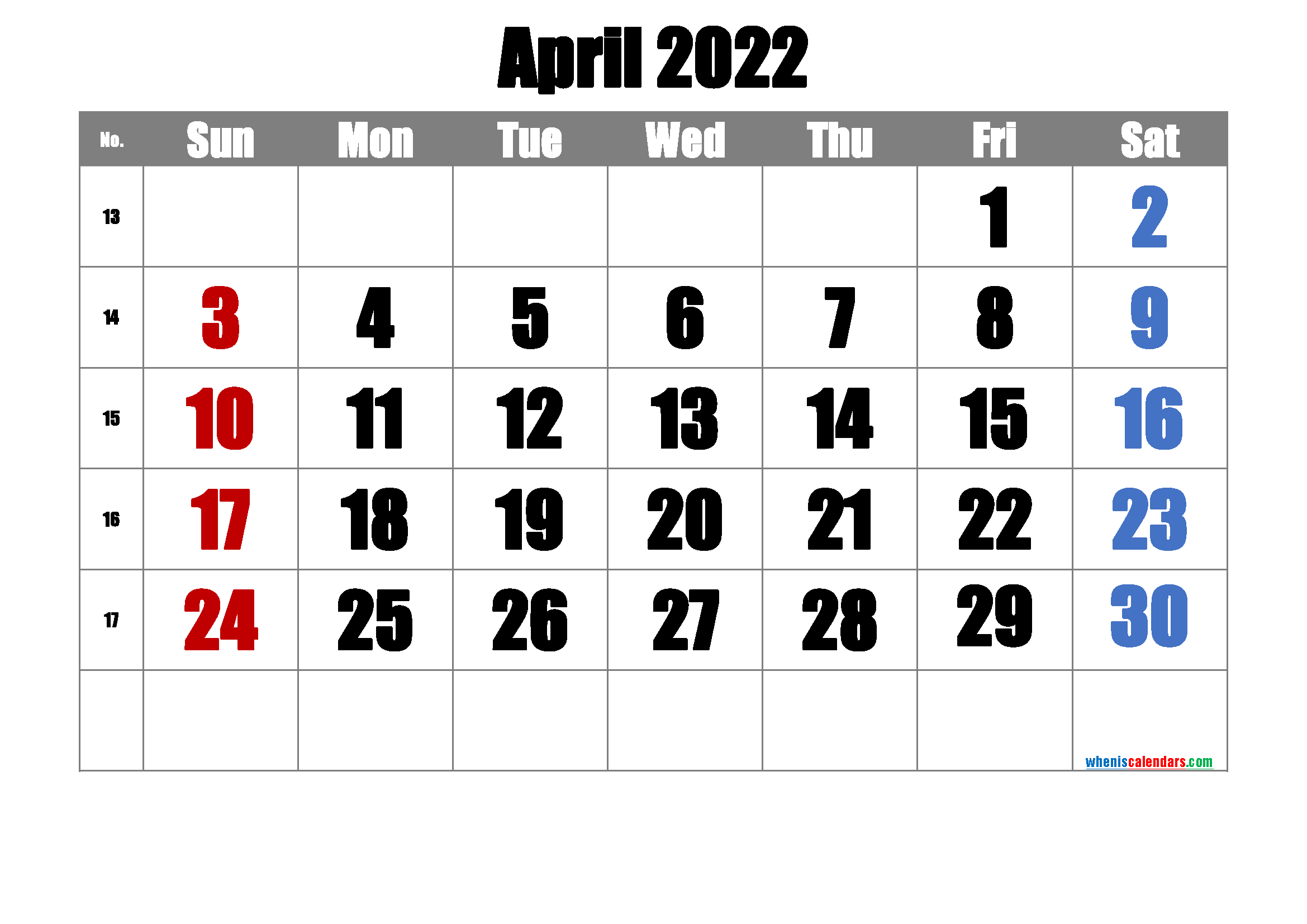 Printable April 2022 Calendar with Week Numbers