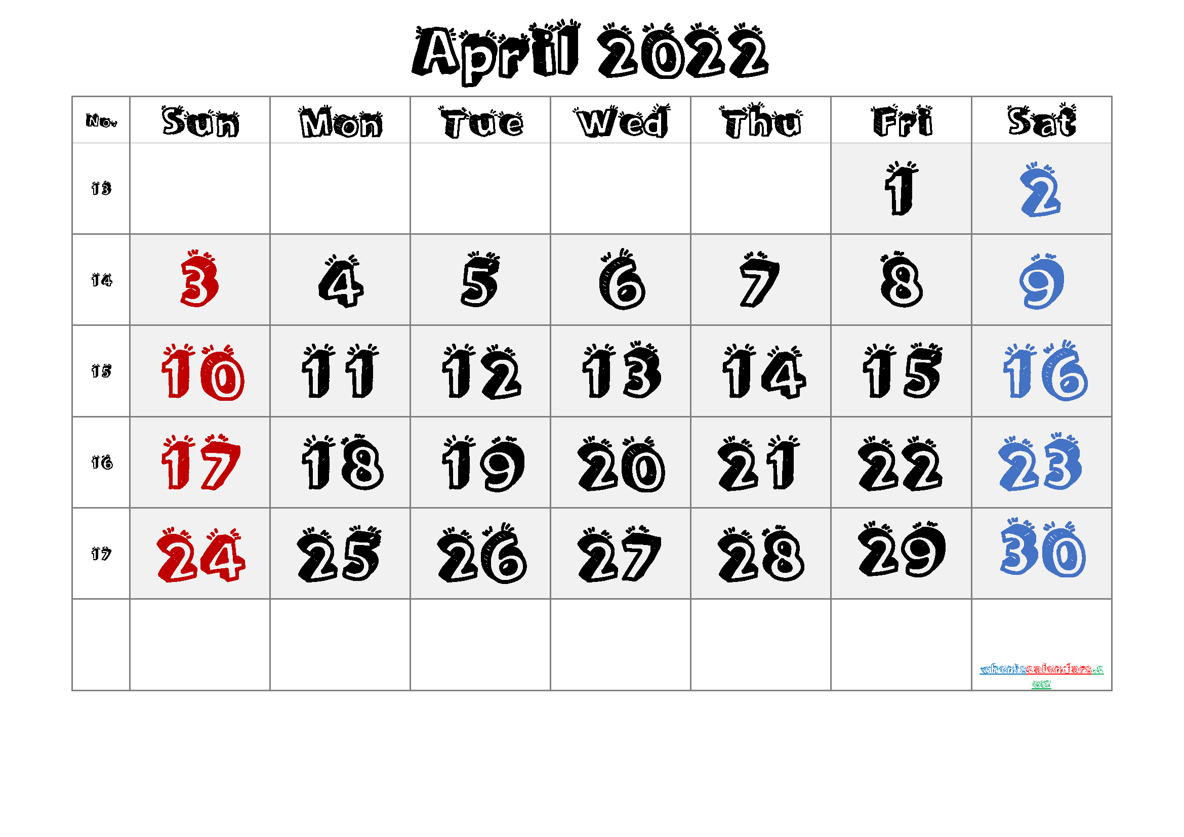 2022 April Free Printable Calendar