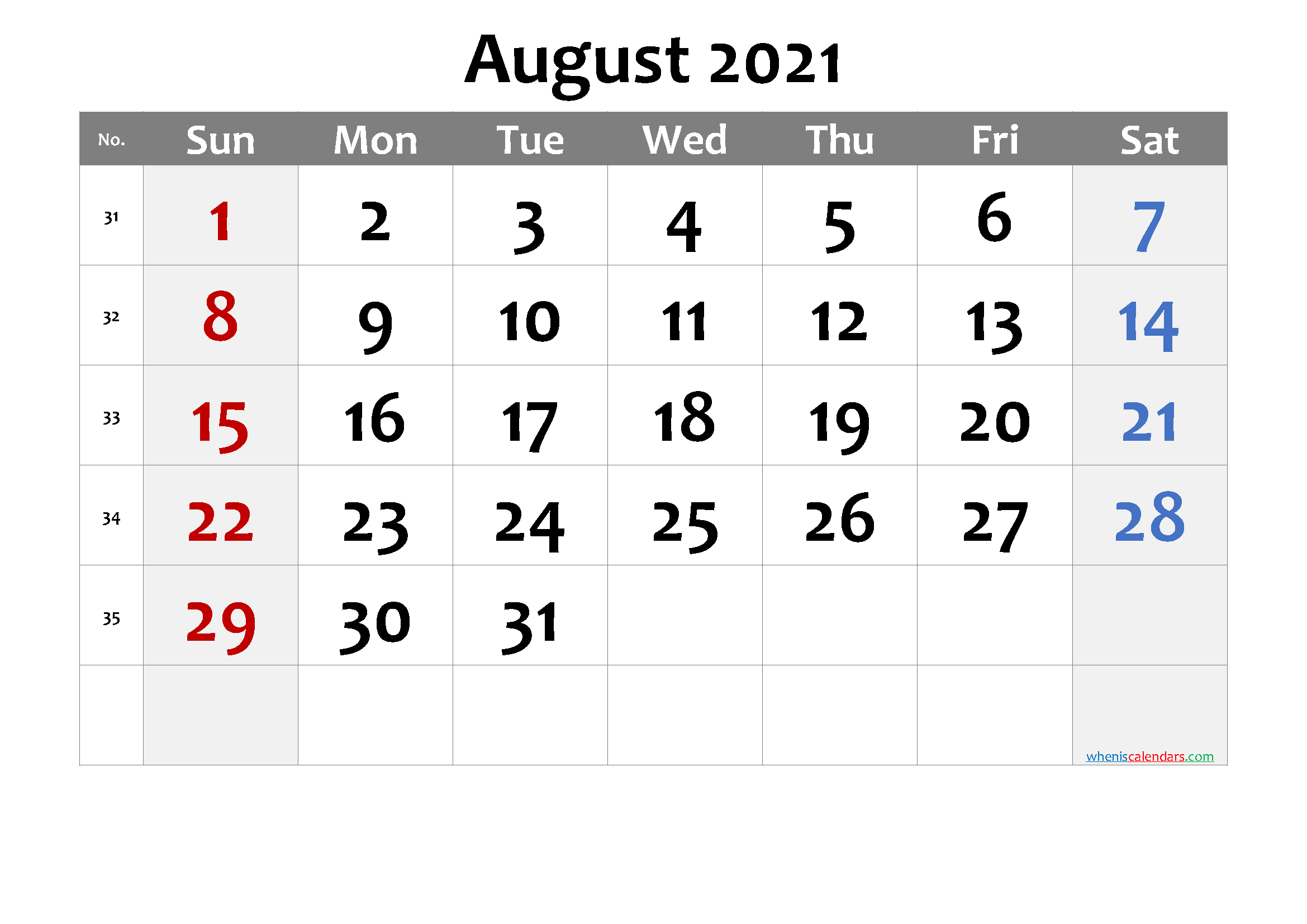 Printable August 2021 Calendar