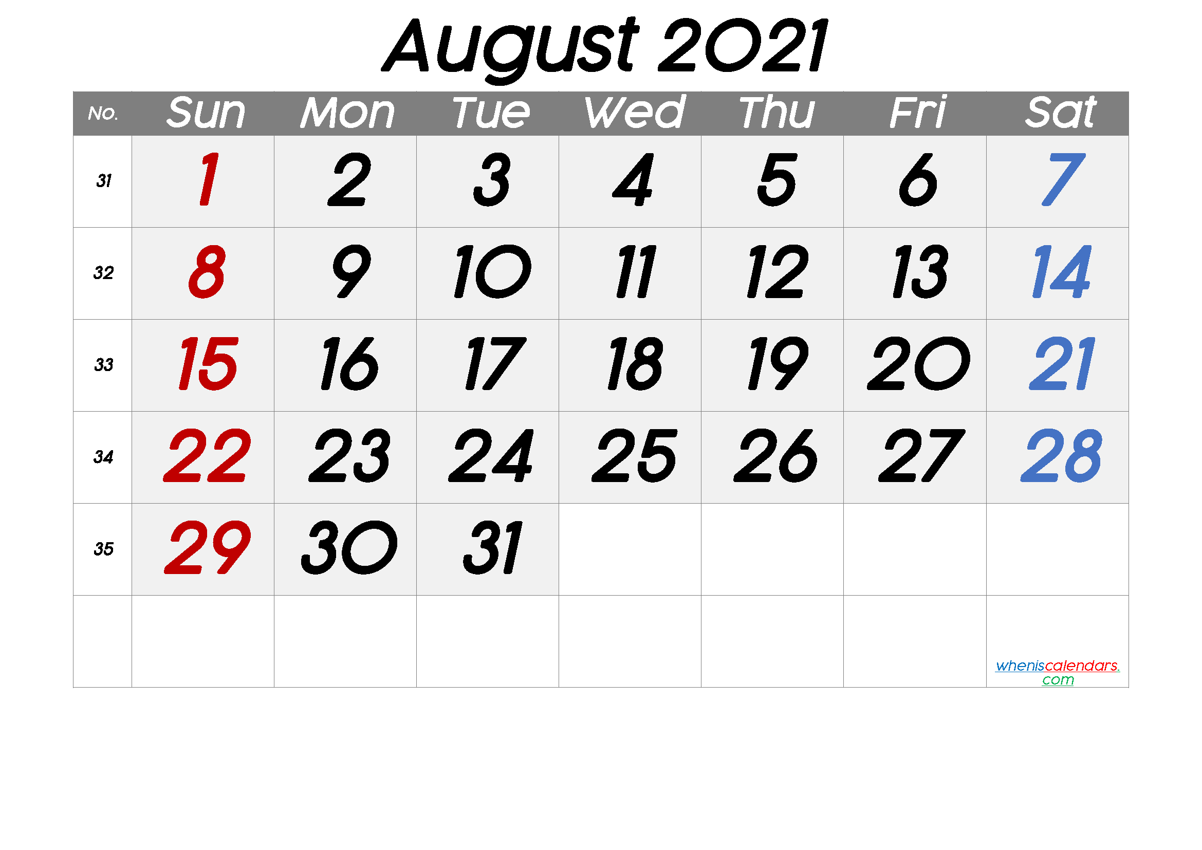 Printable Calendar 2021 August