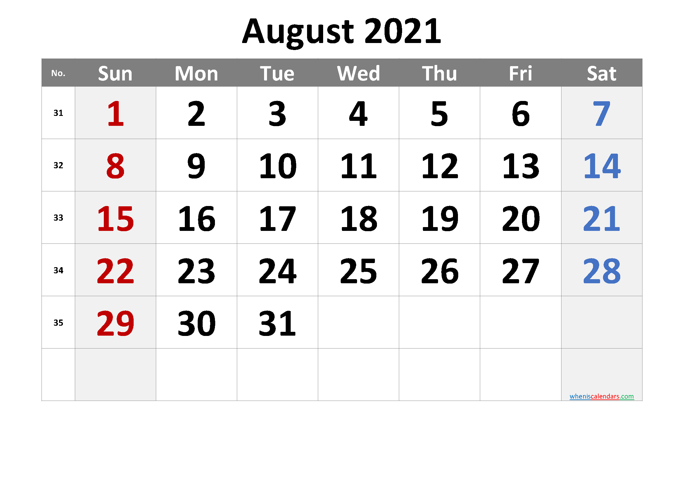 Free Printable 2021 August  Calendar