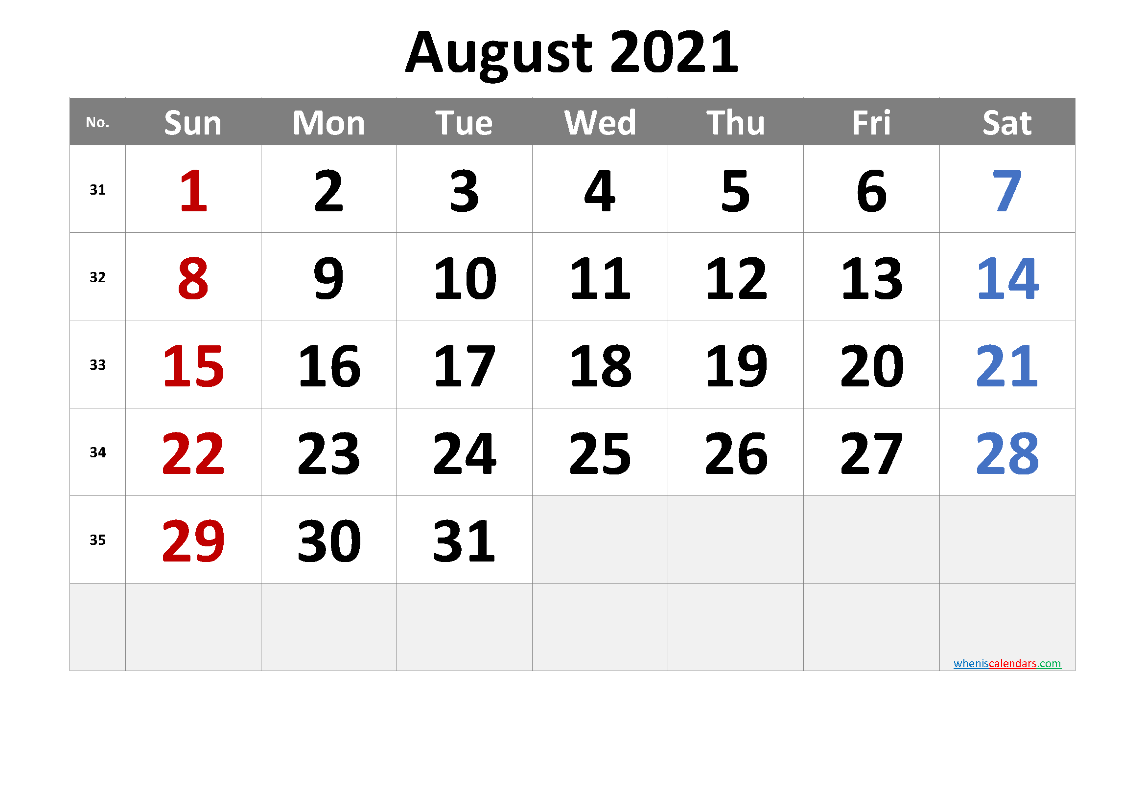 Printable August 2021 Calendar with Week Numbers