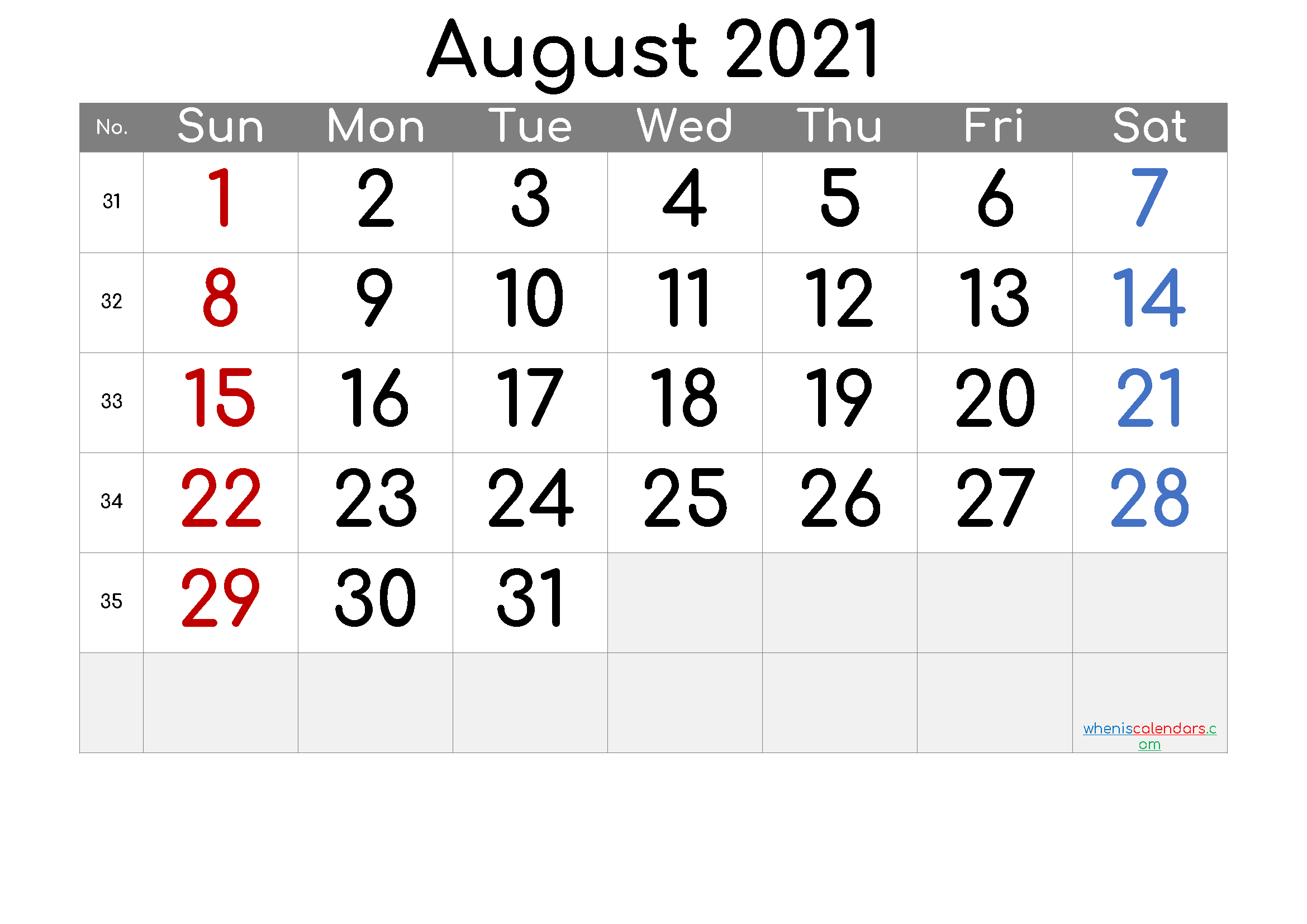 Free Printable Calendar 2021 August