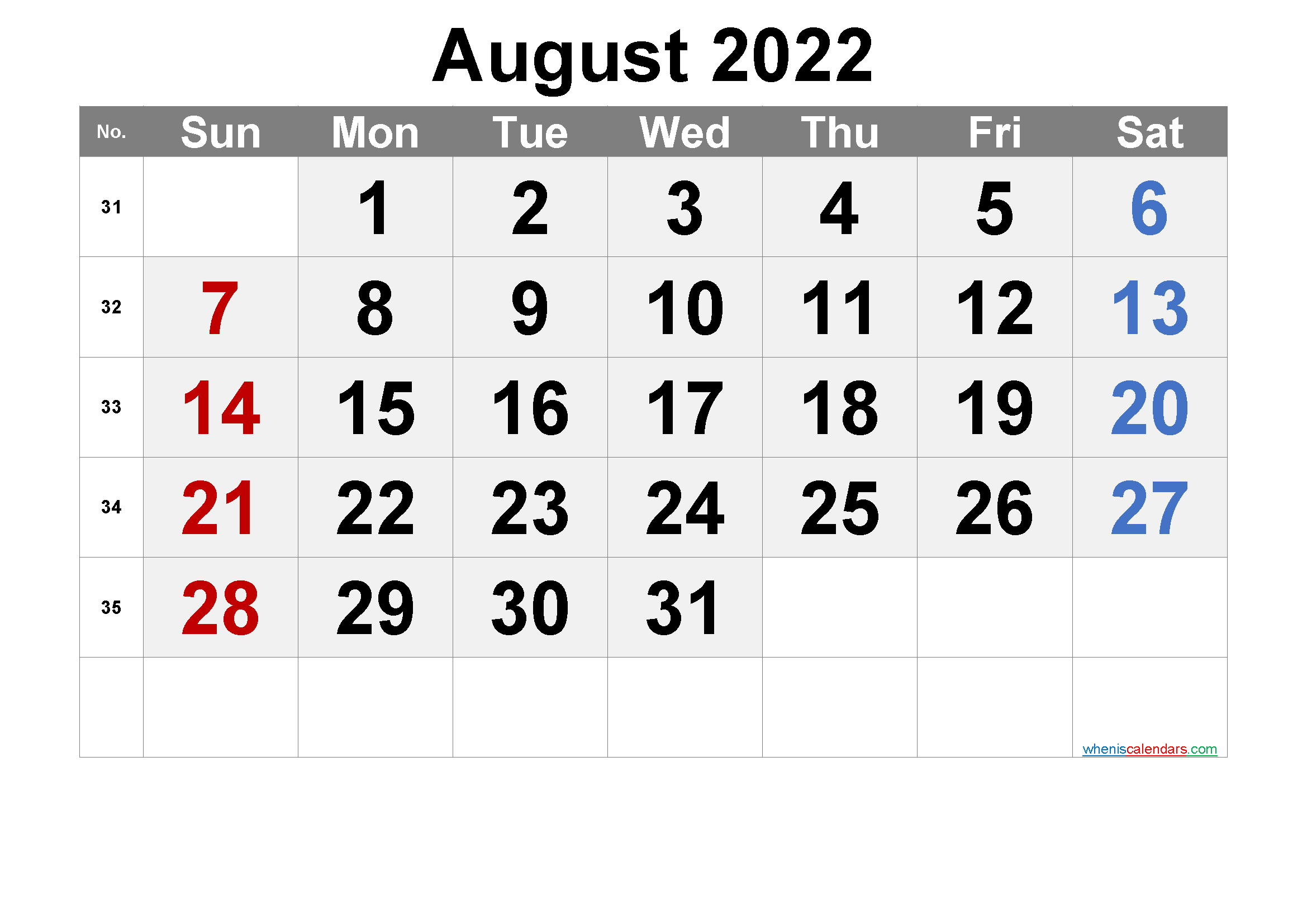 Free Printable Calendar 2022 August