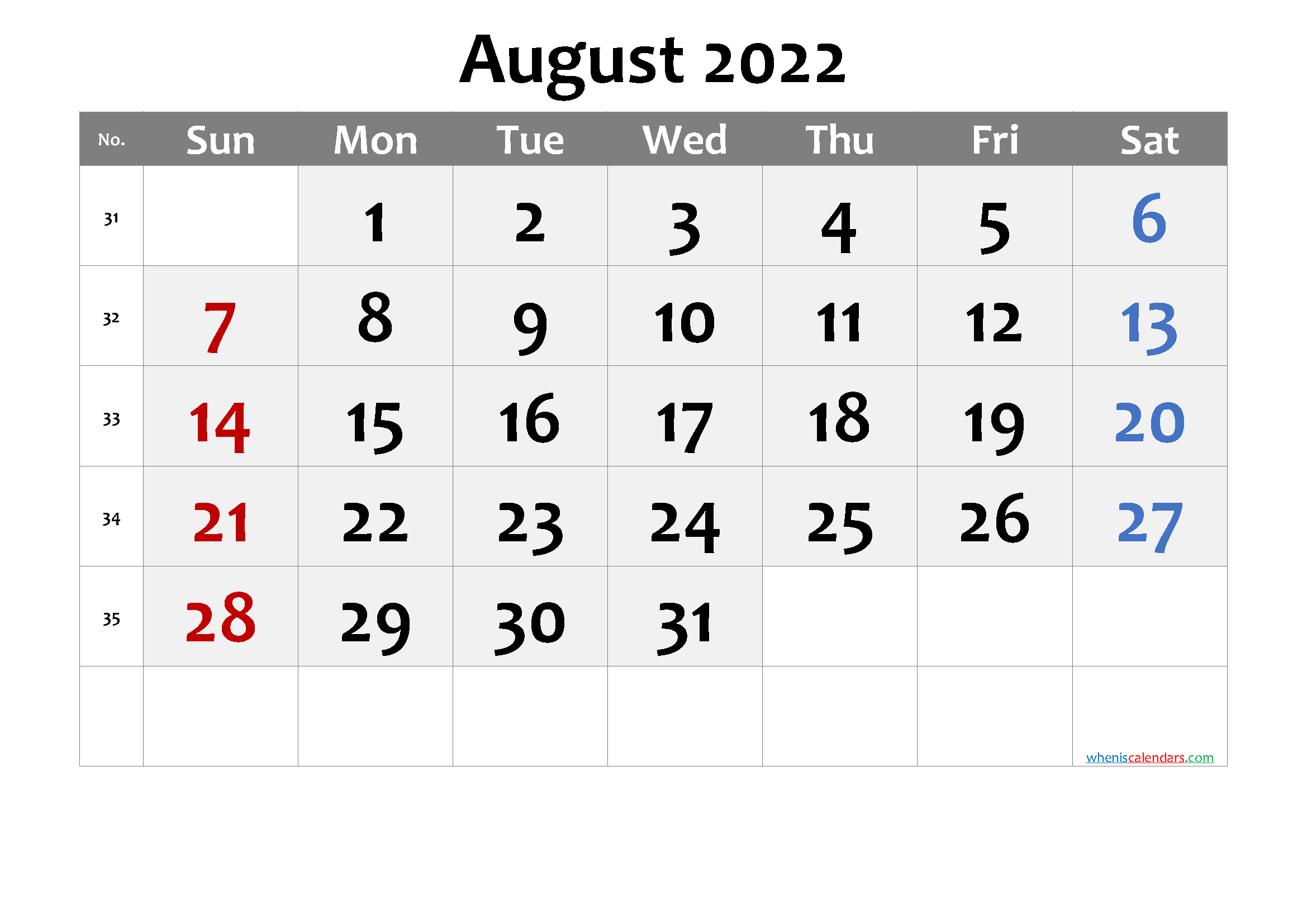 Printable August 2022 Calendar