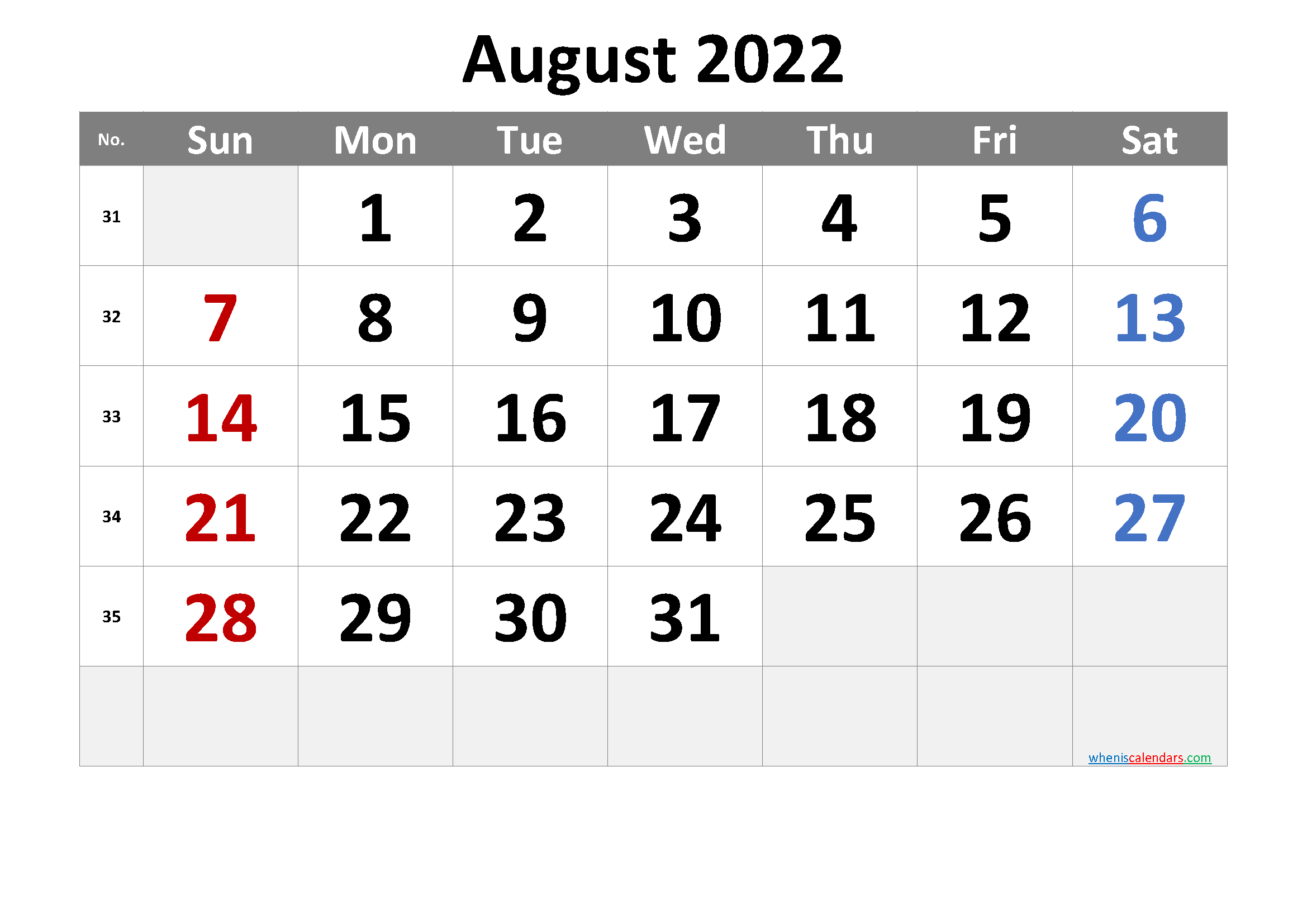 Printable August 2022 Calendar with Week Numbers