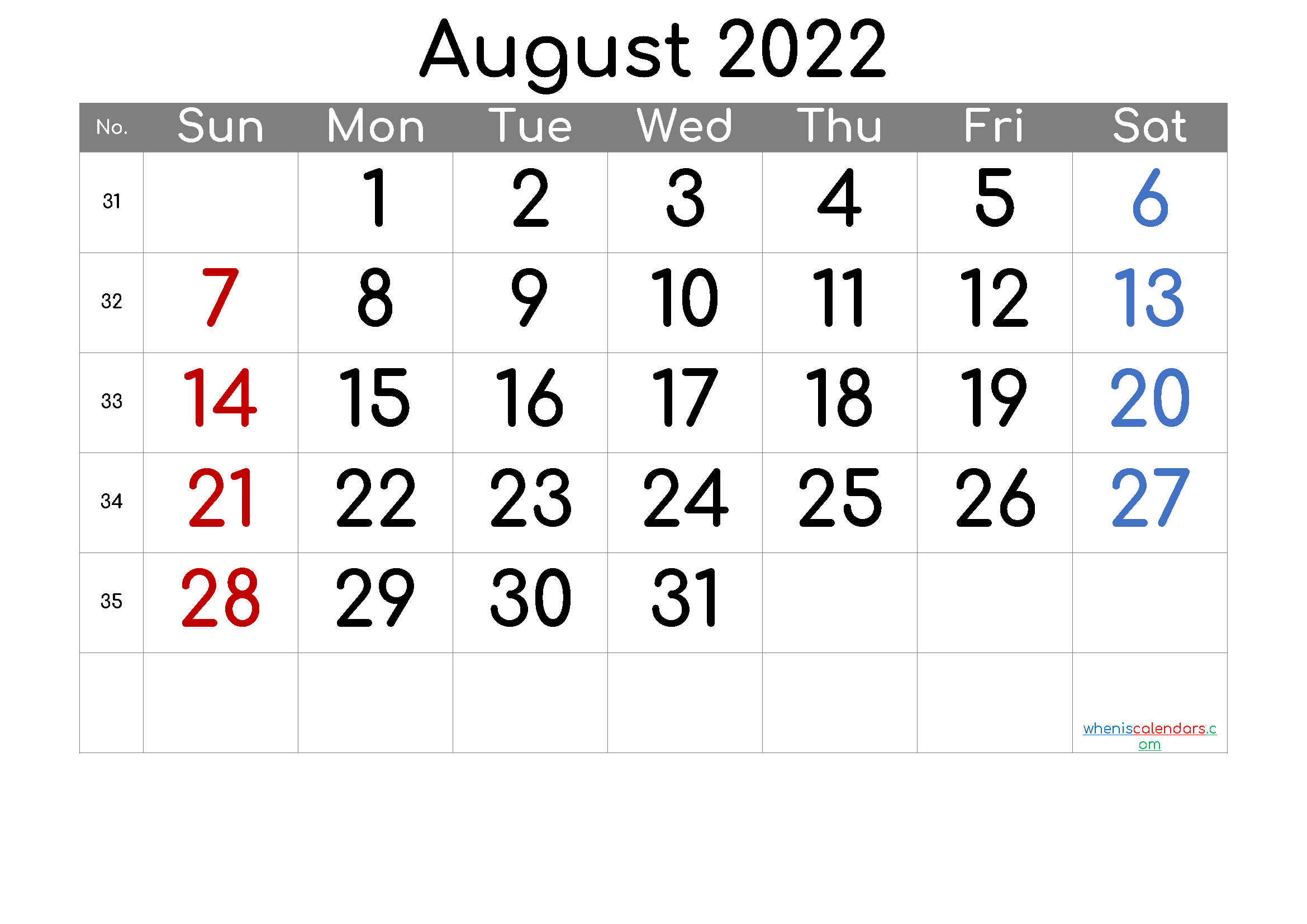 August 2022 Printable Calendar