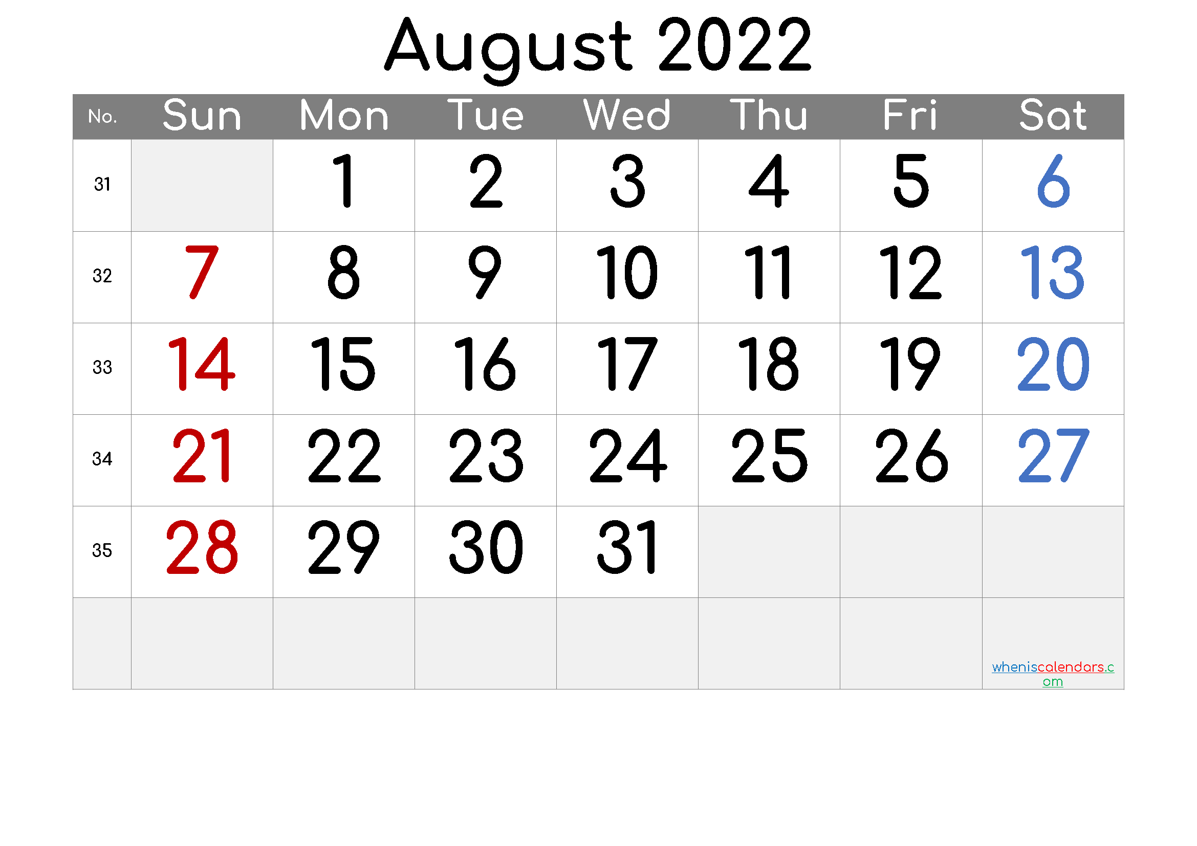 2022 August Free Printable Calendar