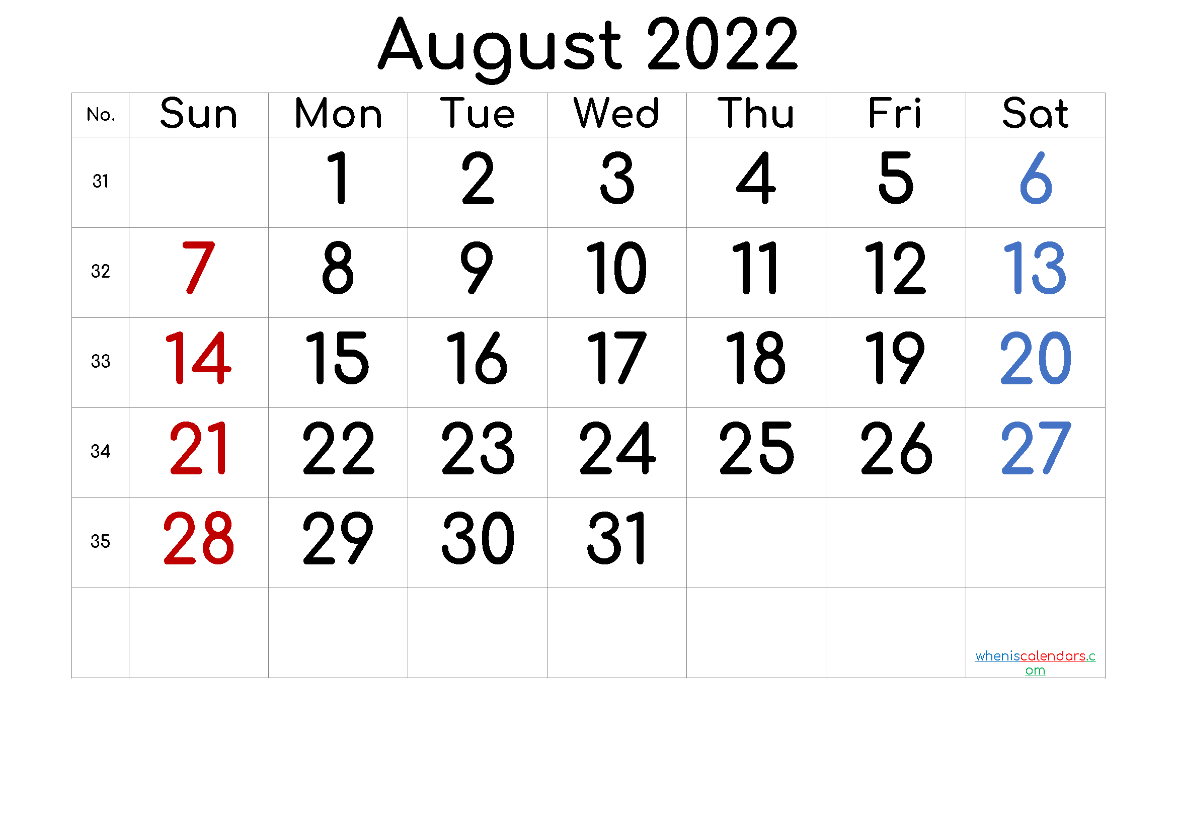 August 2022 Printable Calendar with Week Numbers