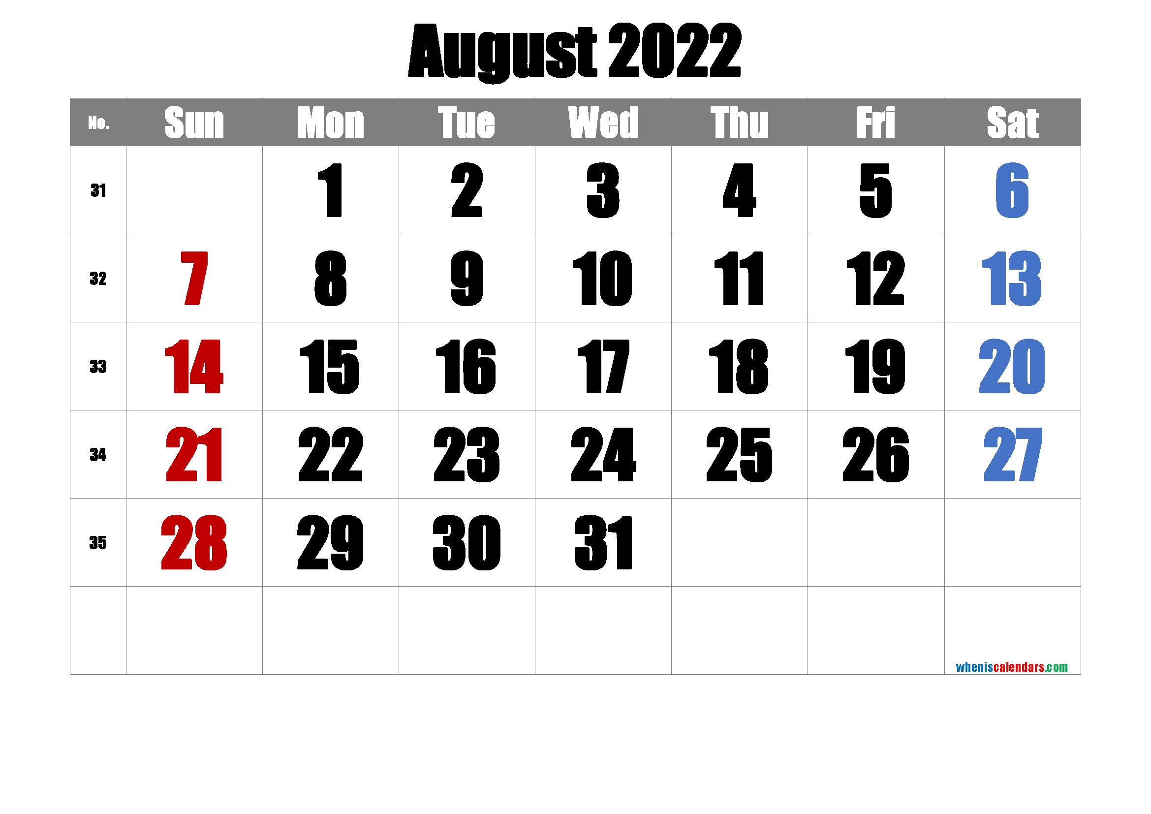Printable August 2022 Calendar with Week Numbers