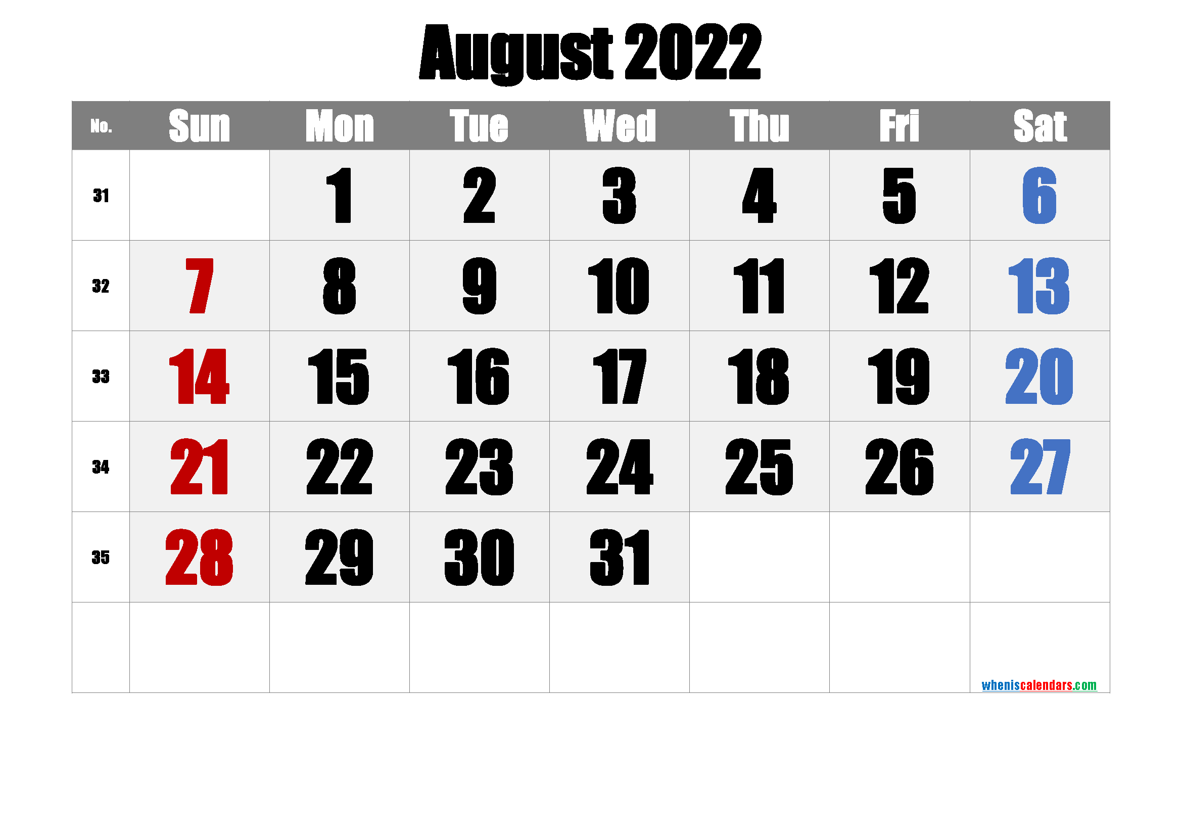 Printable Calendar 2022 August
