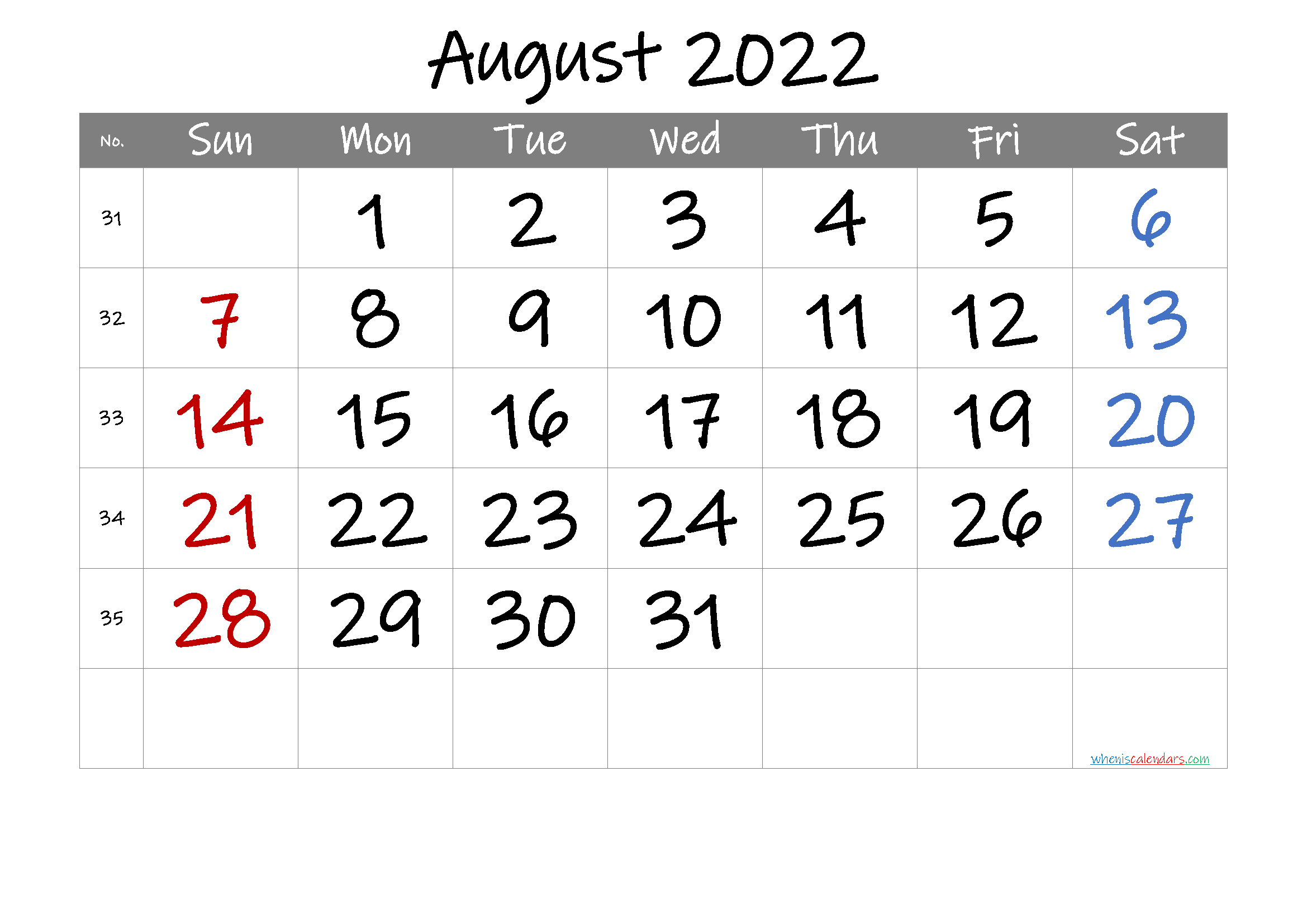 Free Printable Calendar 2022 August