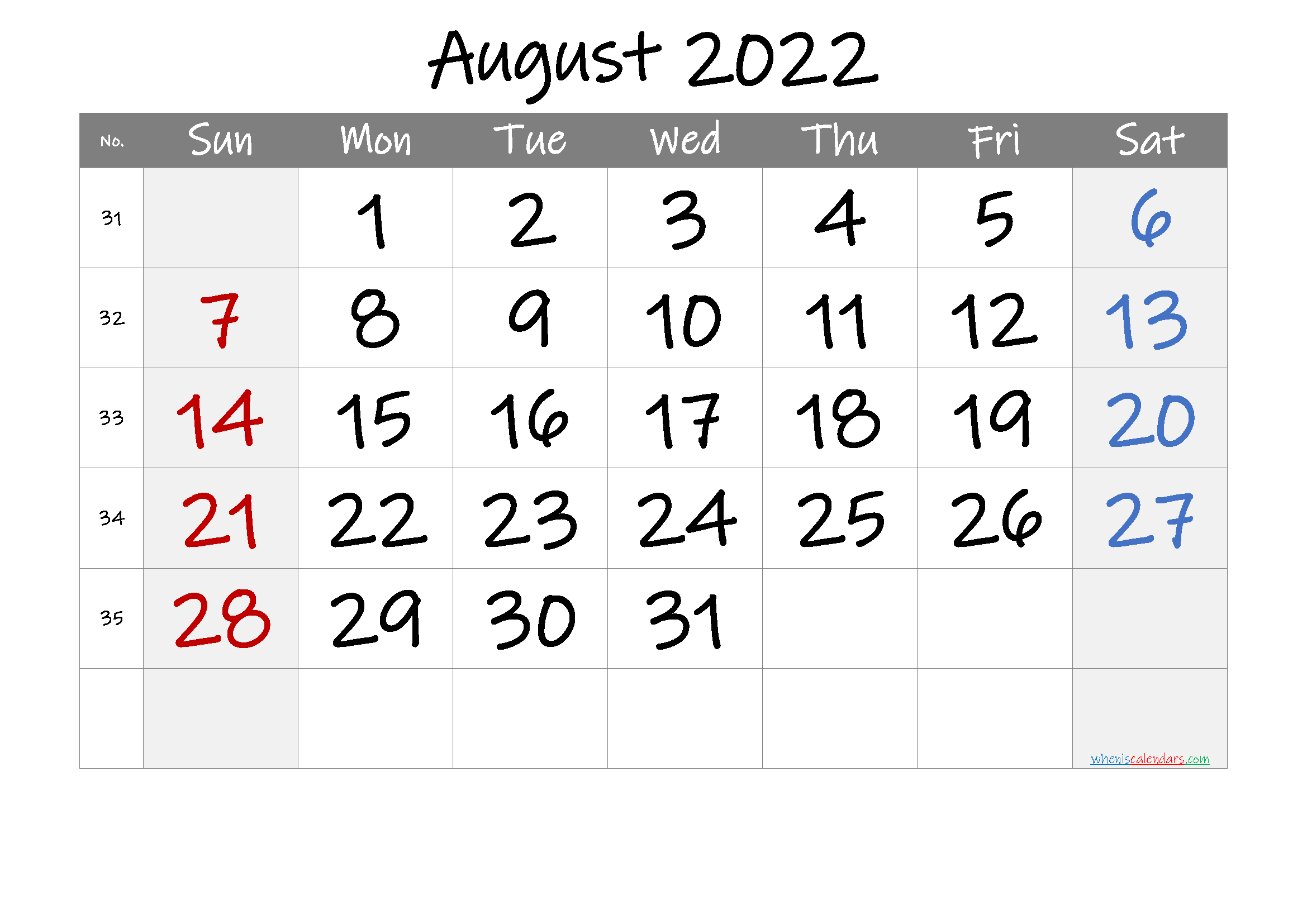 August 2022 Printable Calendar with Week Numbers