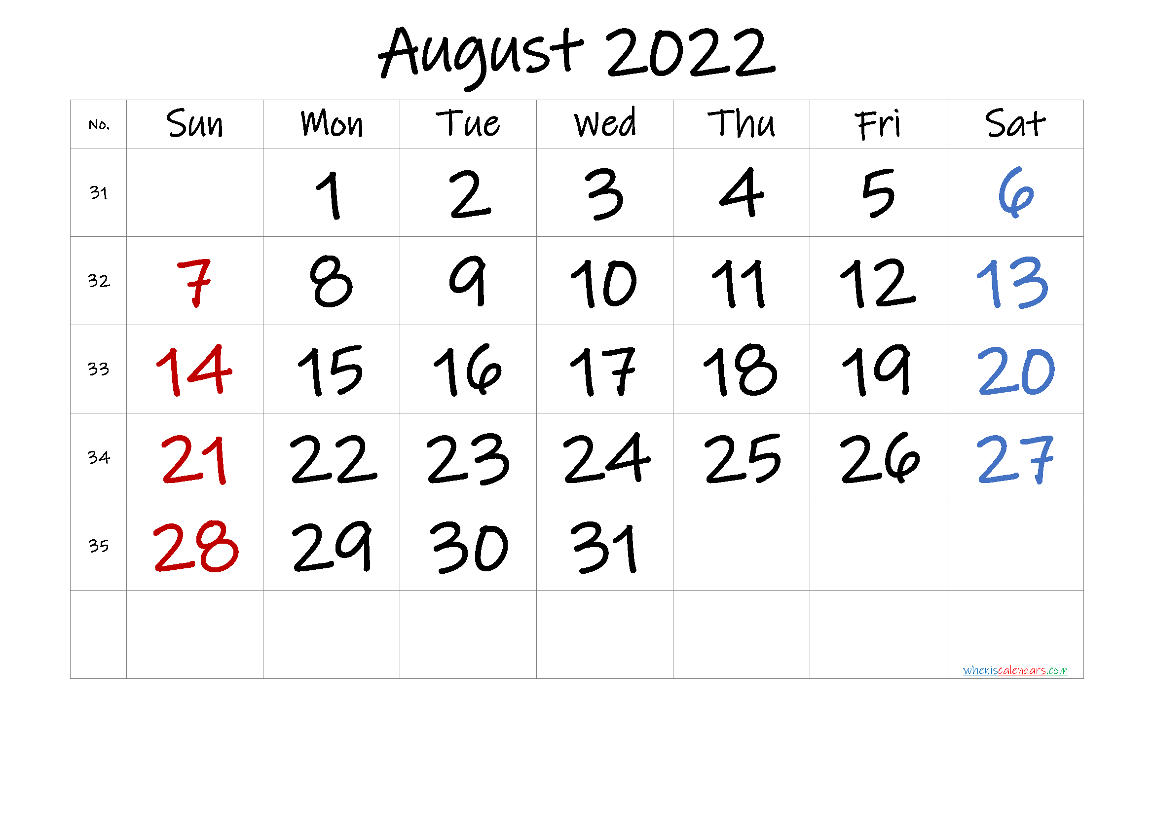 Free August 2022 Calendar With Week Numbers