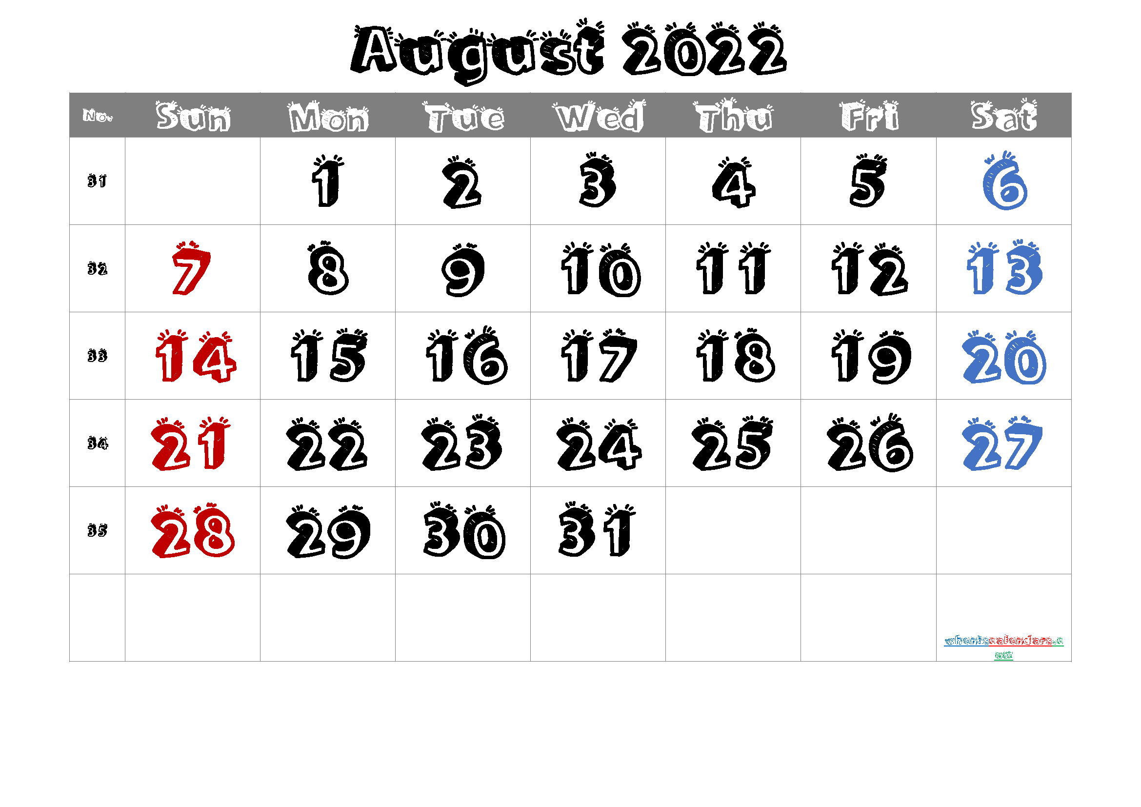 Printable August 2022 Calendar