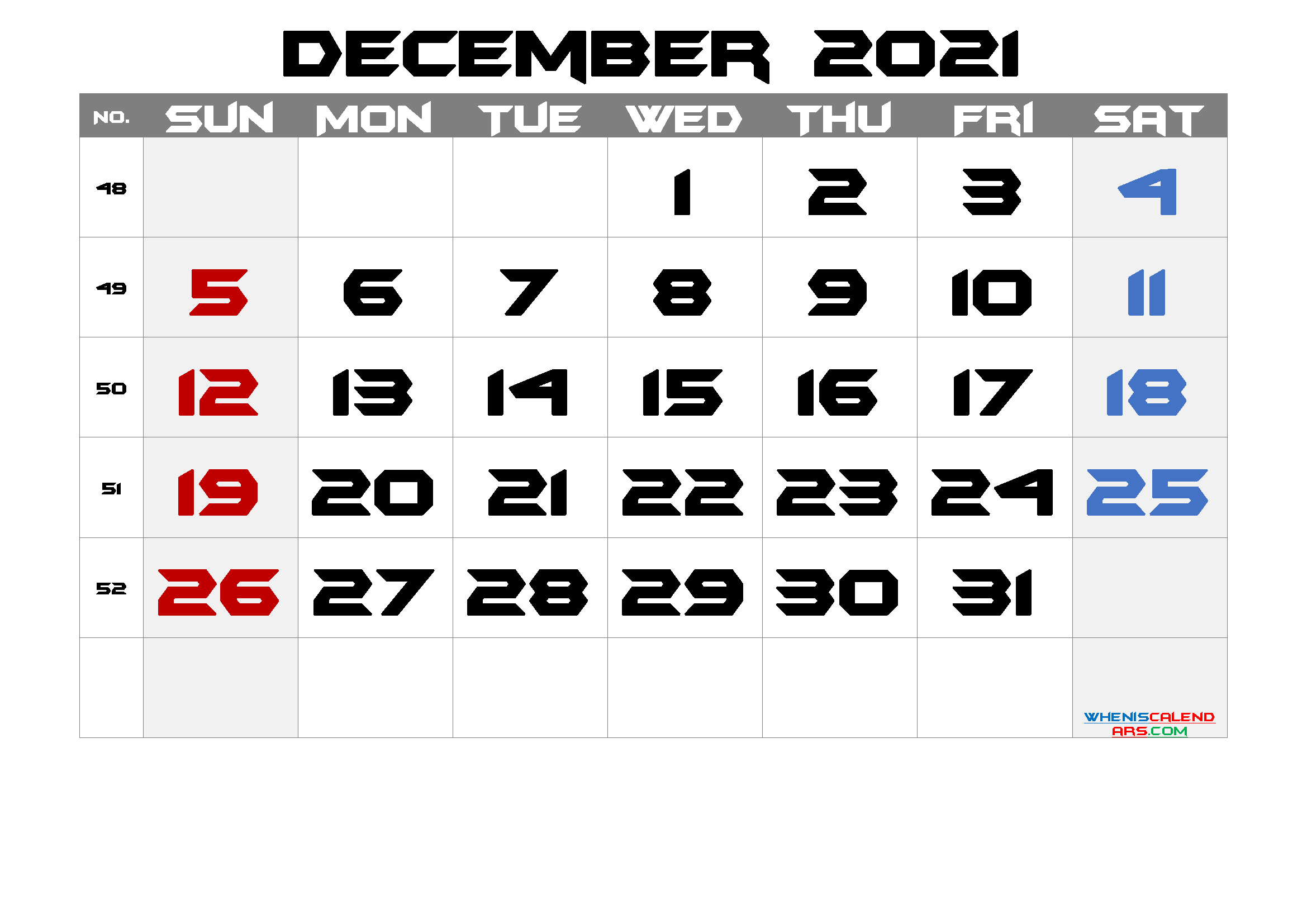Printable December 2021 Calendar