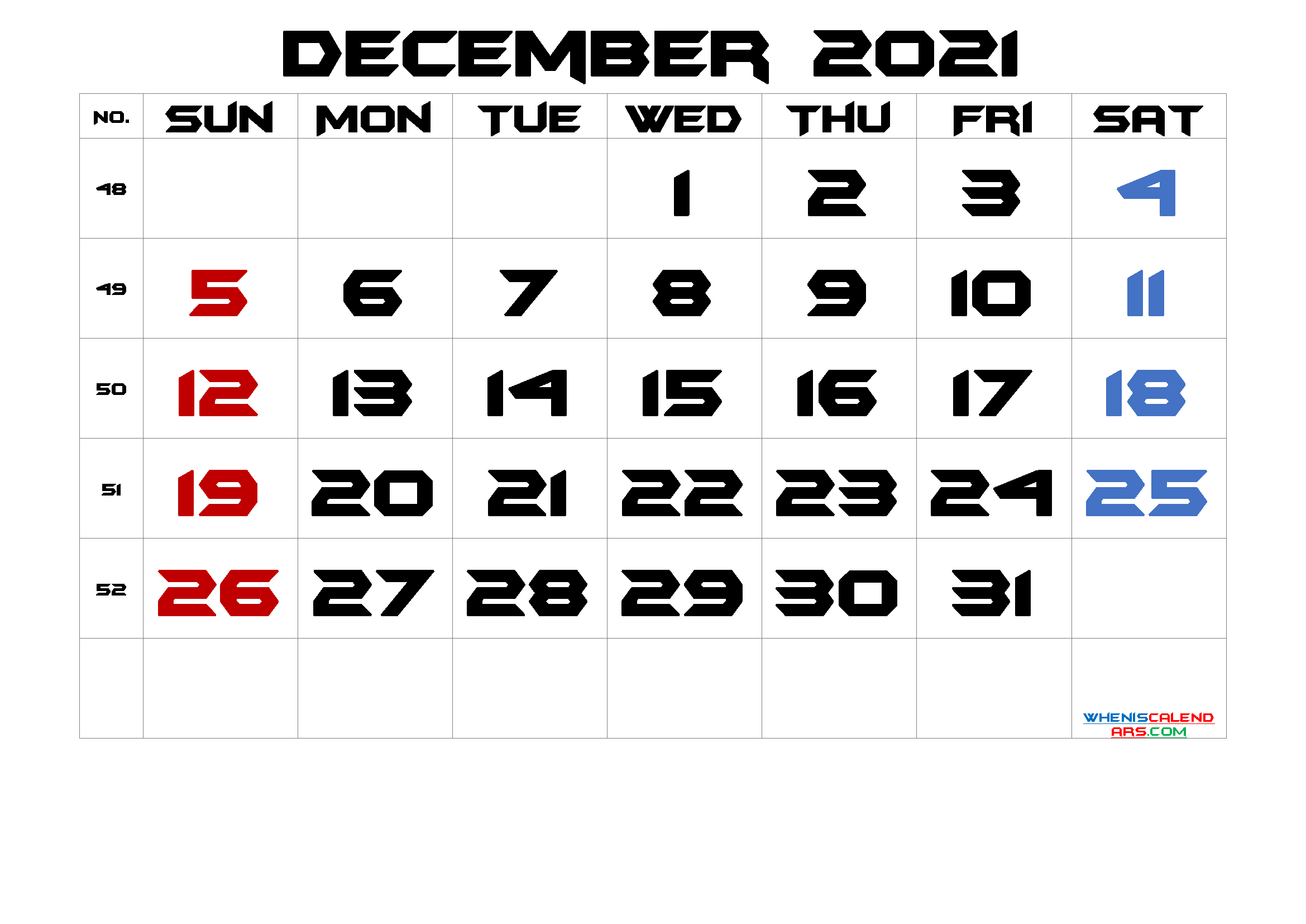 Free Printable 2021 December  Calendar