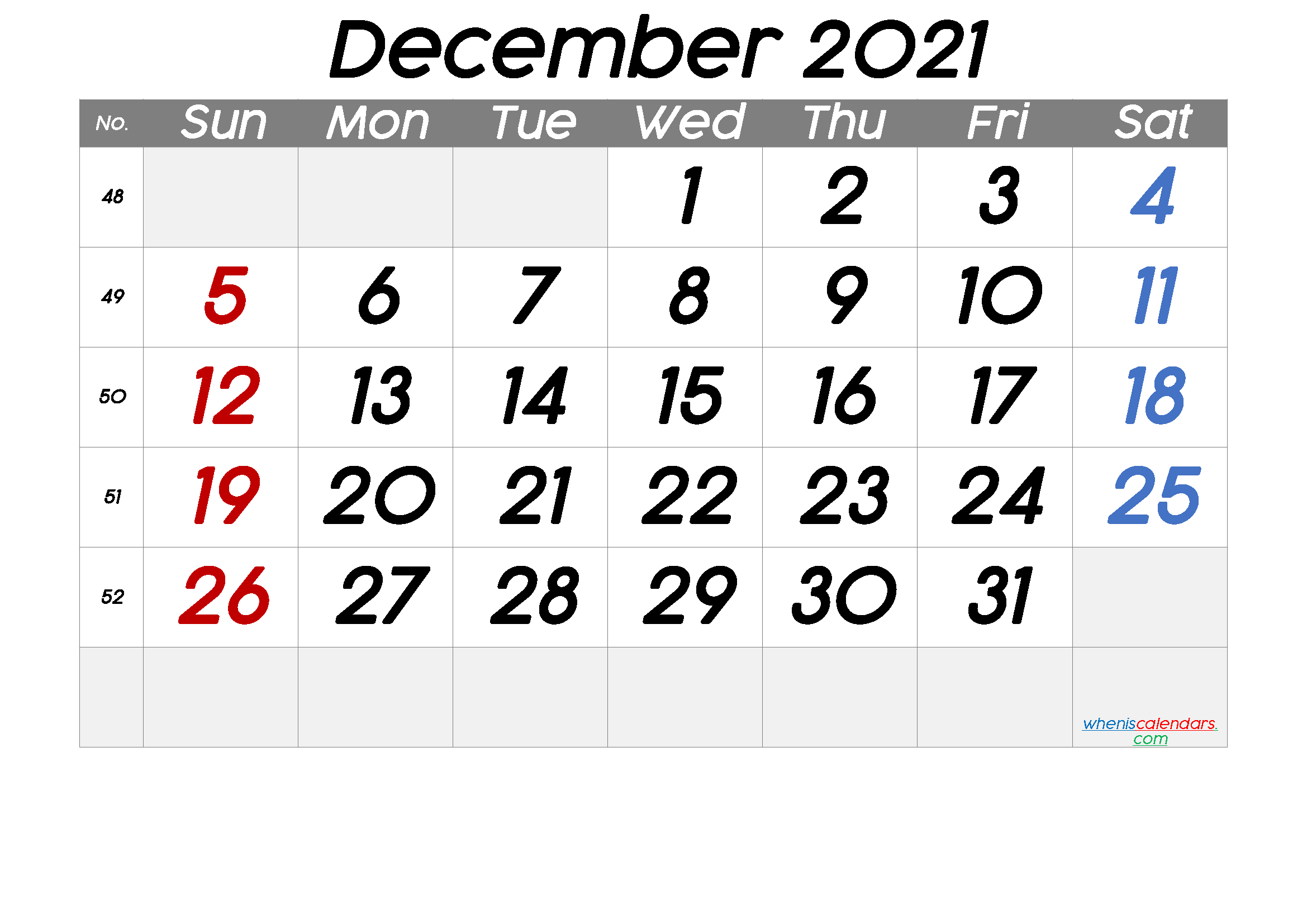 Printable December 2021 Calendar