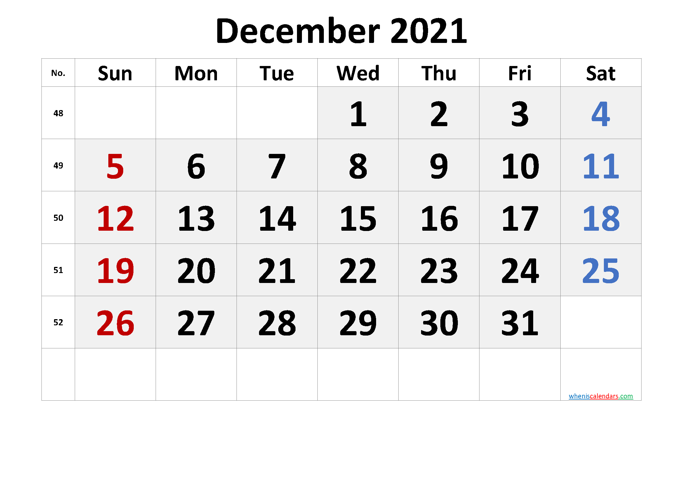 Free Printable December 2021 Calendar with Week Numbers