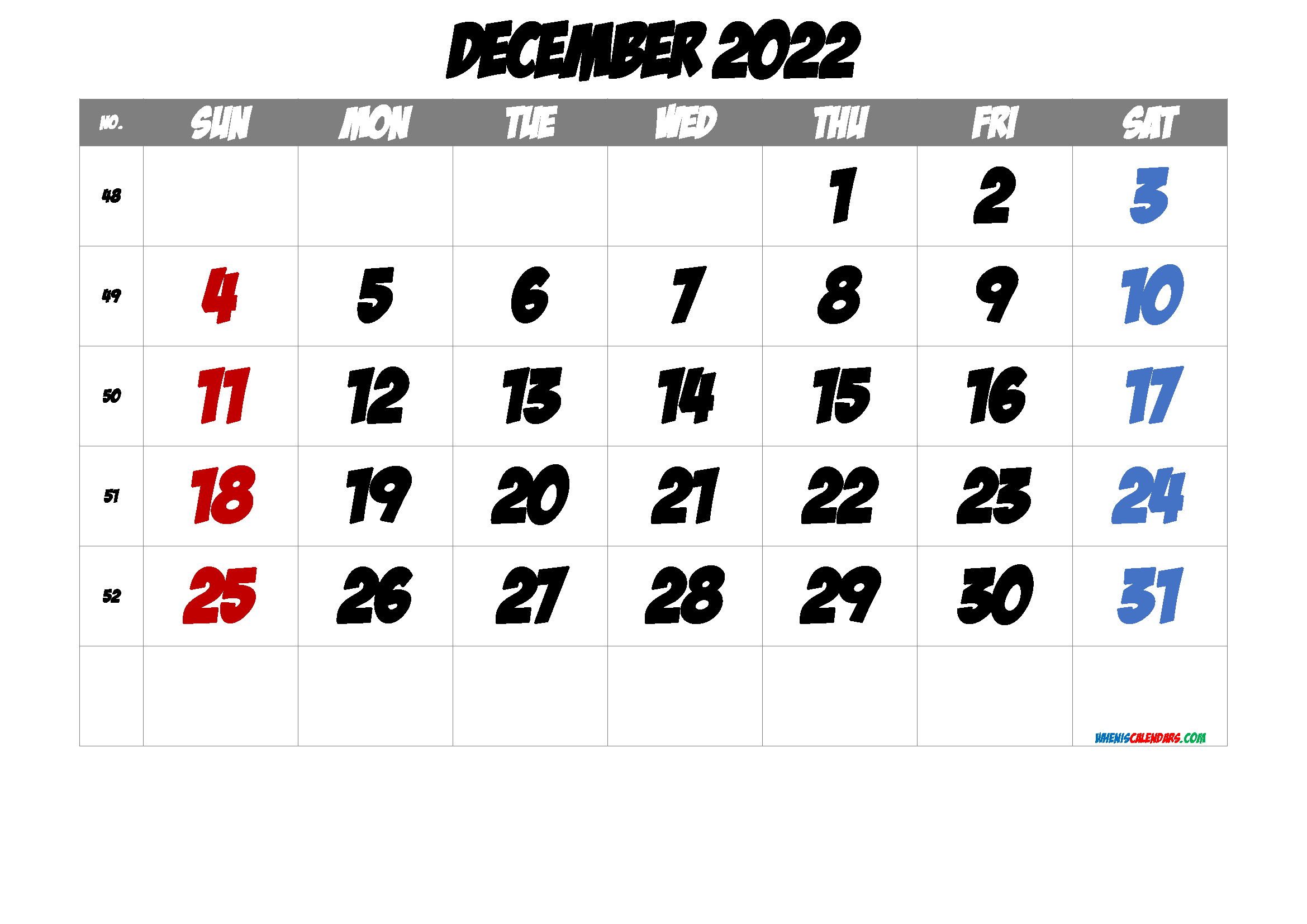 2022 December Free Printable Calendar