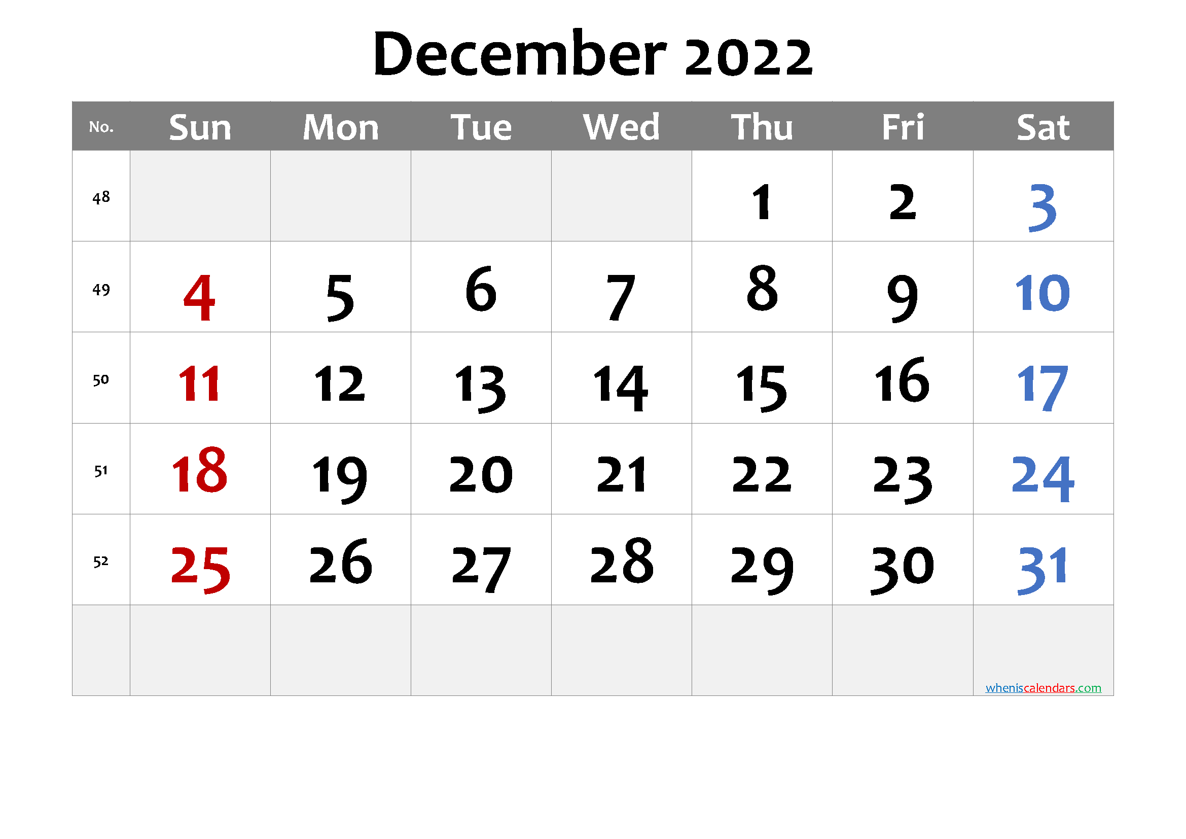 December 2022 Printable Calendar