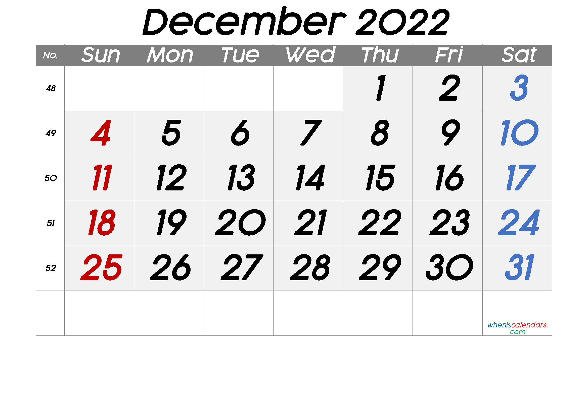 Printable Calendar 2022 December