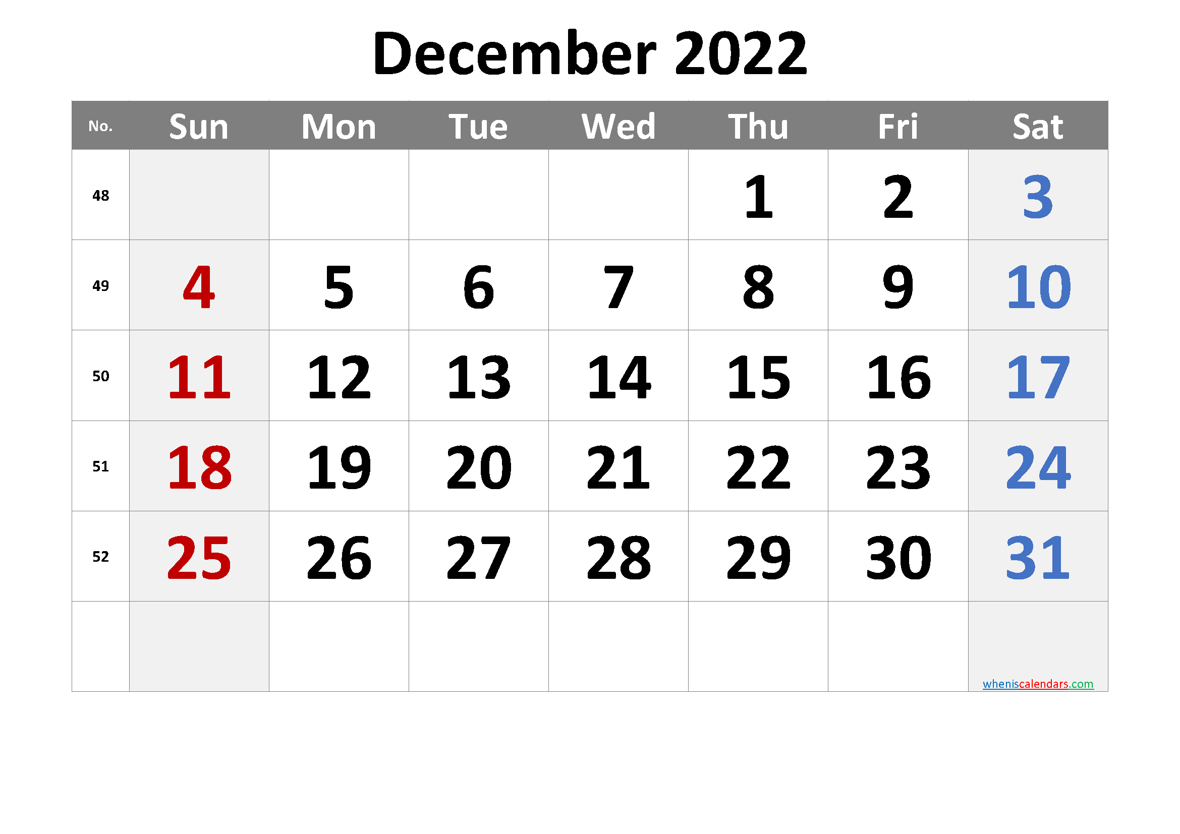 December 2022 Printable Calendar with Week Numbers
