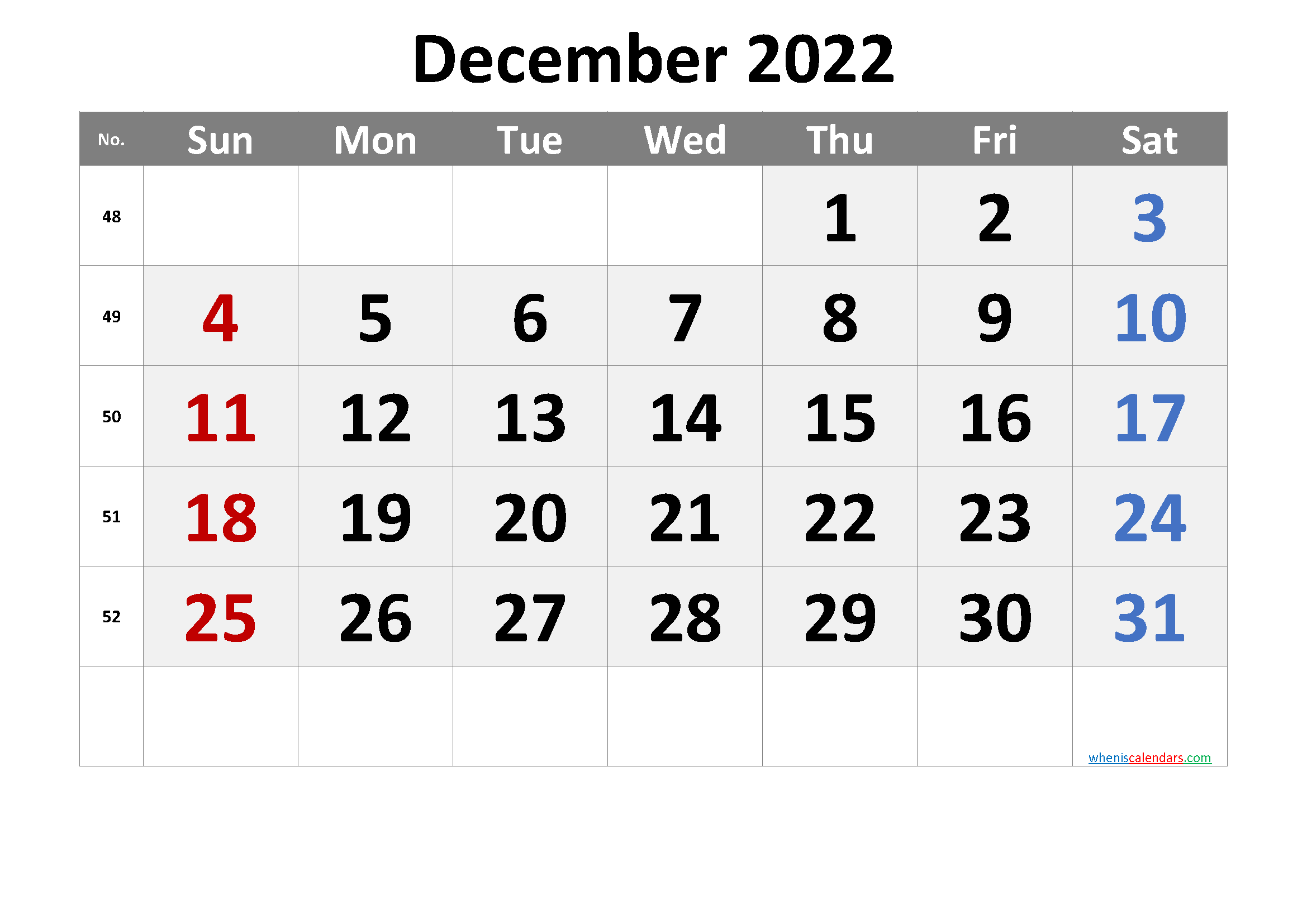Printable Calendar December 2022