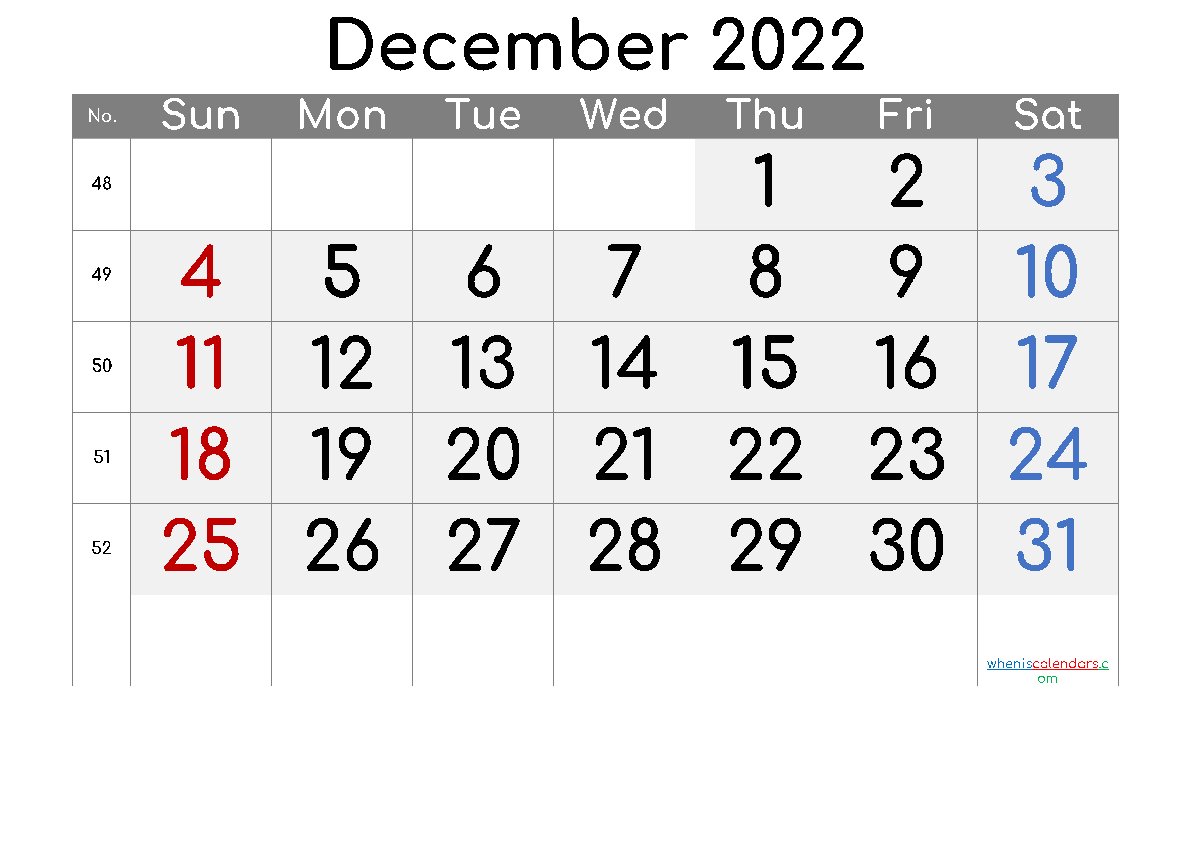 free december 2022 calendar with week numbers