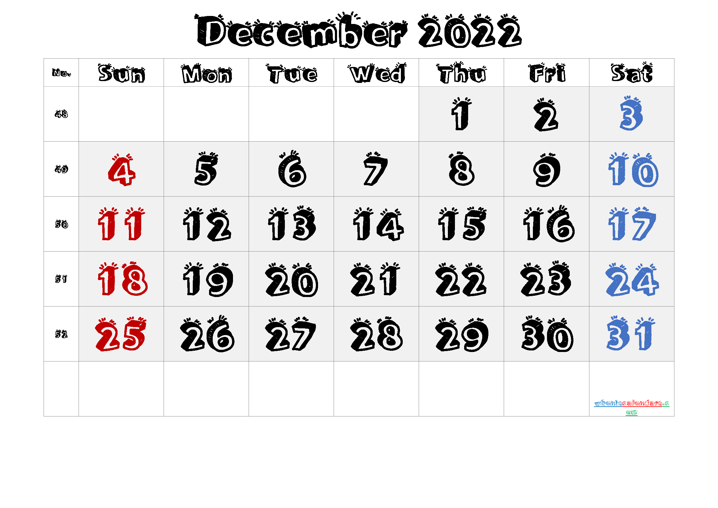2022 December Free Printable Calendar