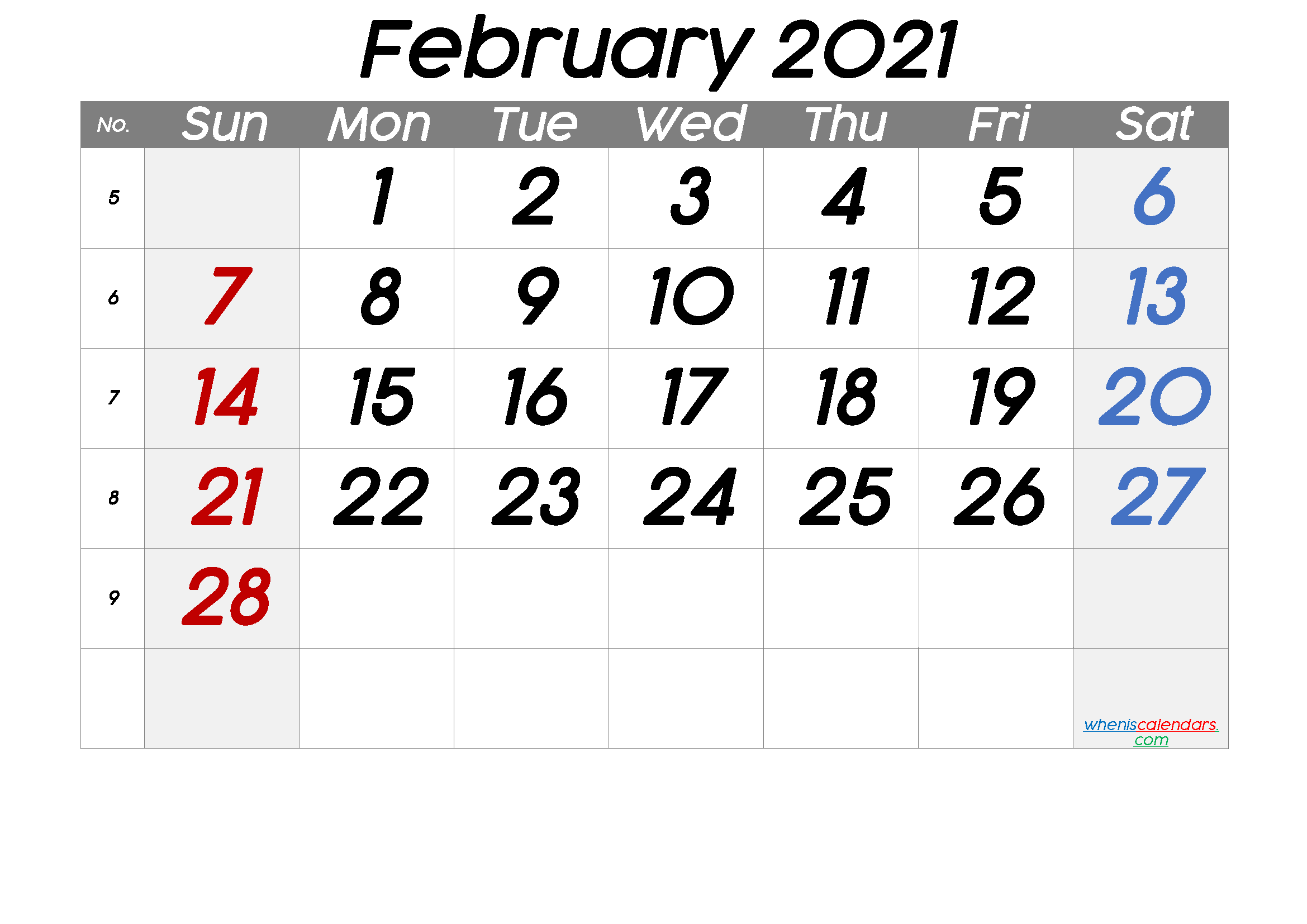 Printable February 2021 Calendar