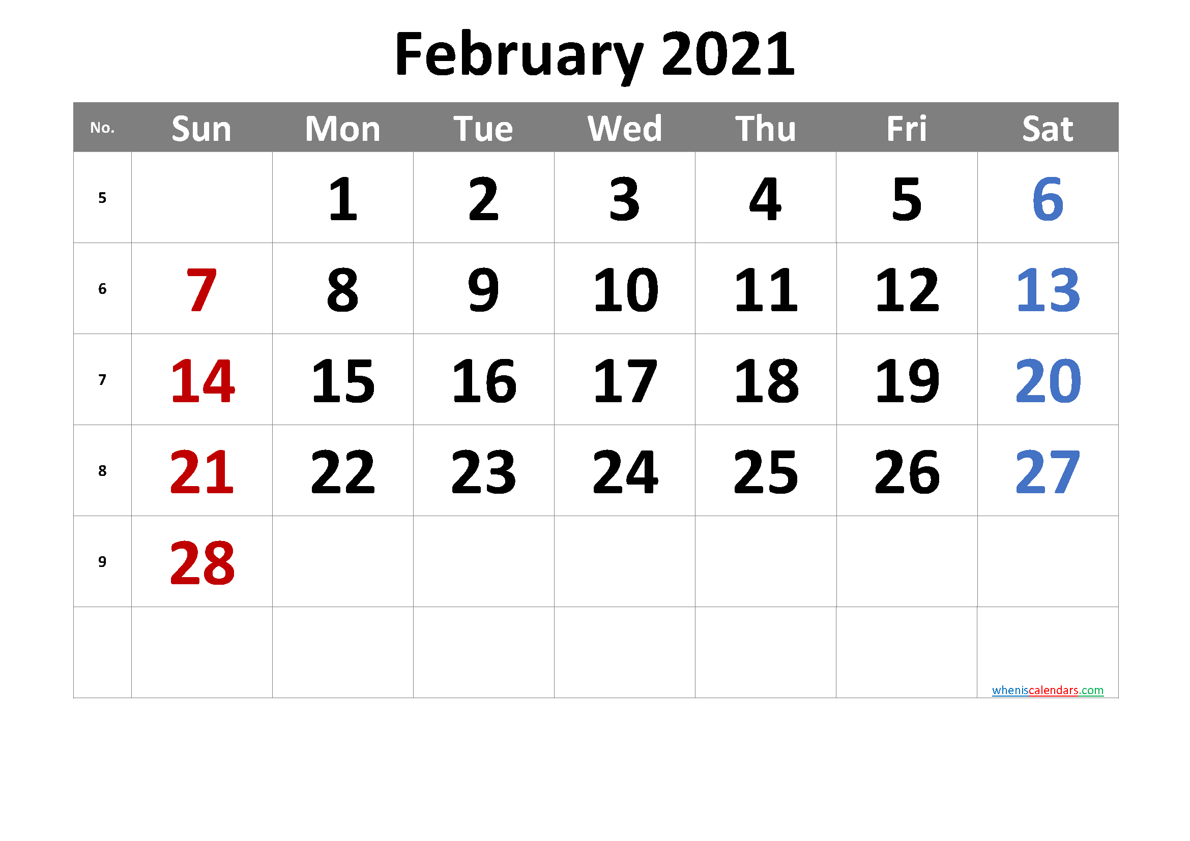 Free Printable Calendar 2021 February