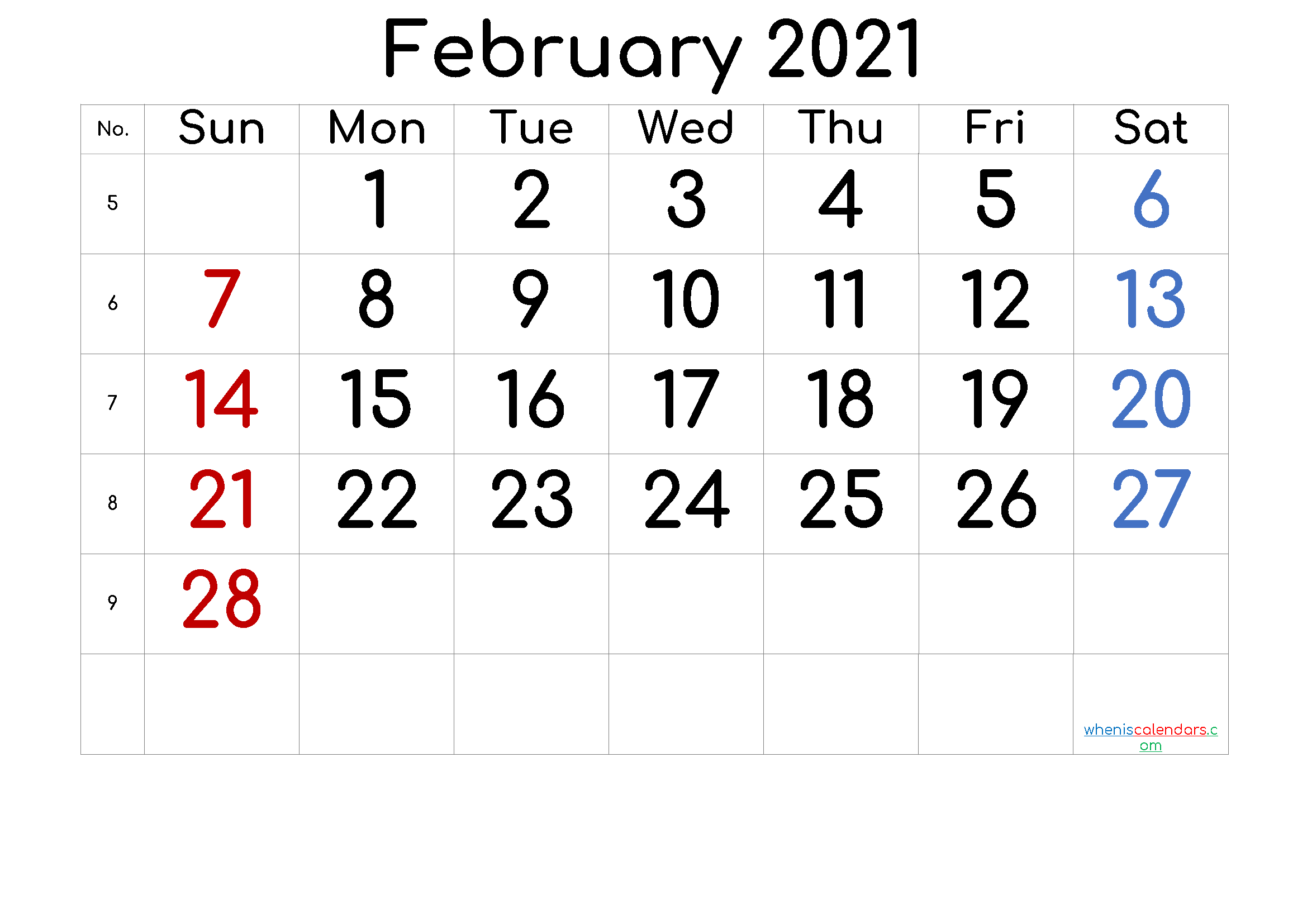 Free Printable 2021 February Calendar