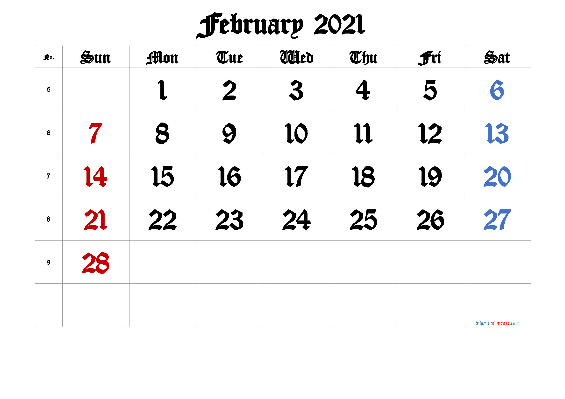 Free Printable 2021 February  Calendar