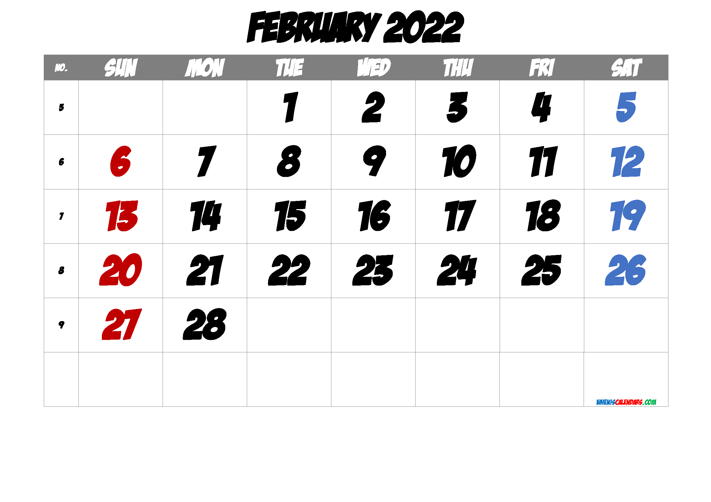 Printable February 2022 Calendar