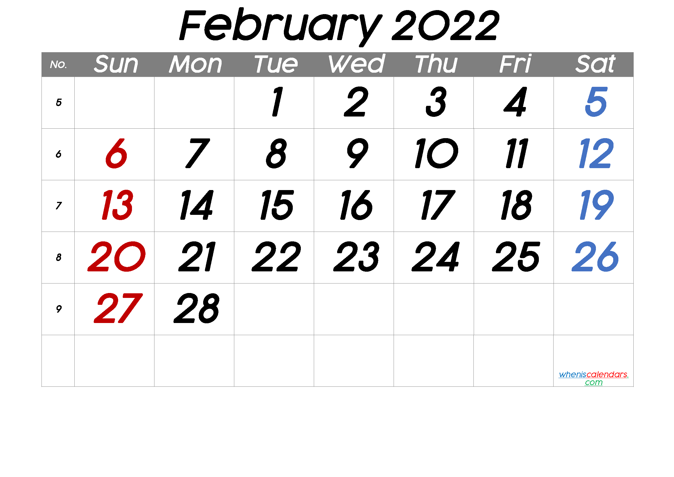 Printable February 2022 Calendar with Week Numbers