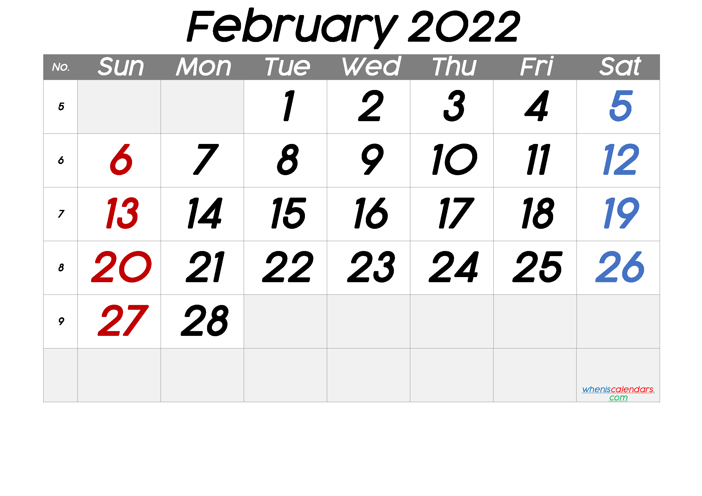Free Printable February 2022 Calendar