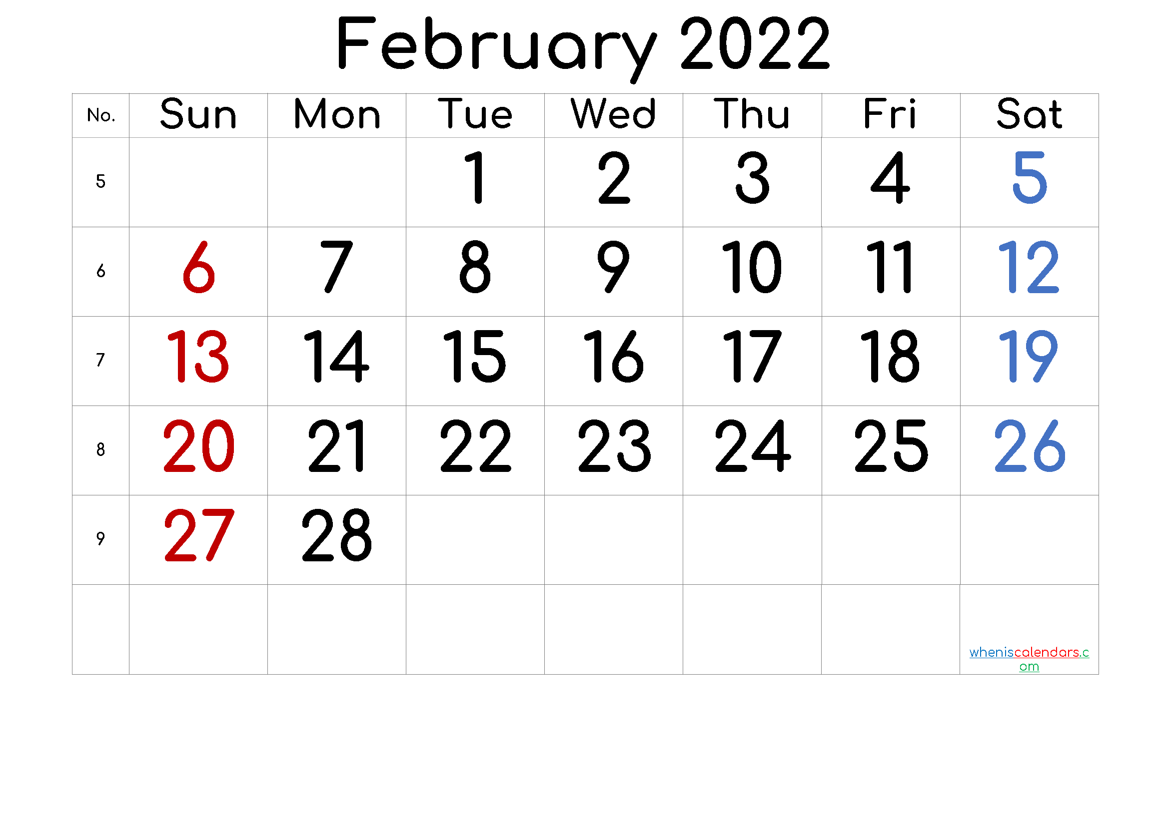 February 2022 Printable Calendar with Week Numbers