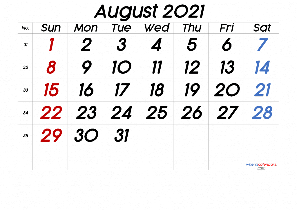 Download Free Printable August 2021 Calendar PDF and Image