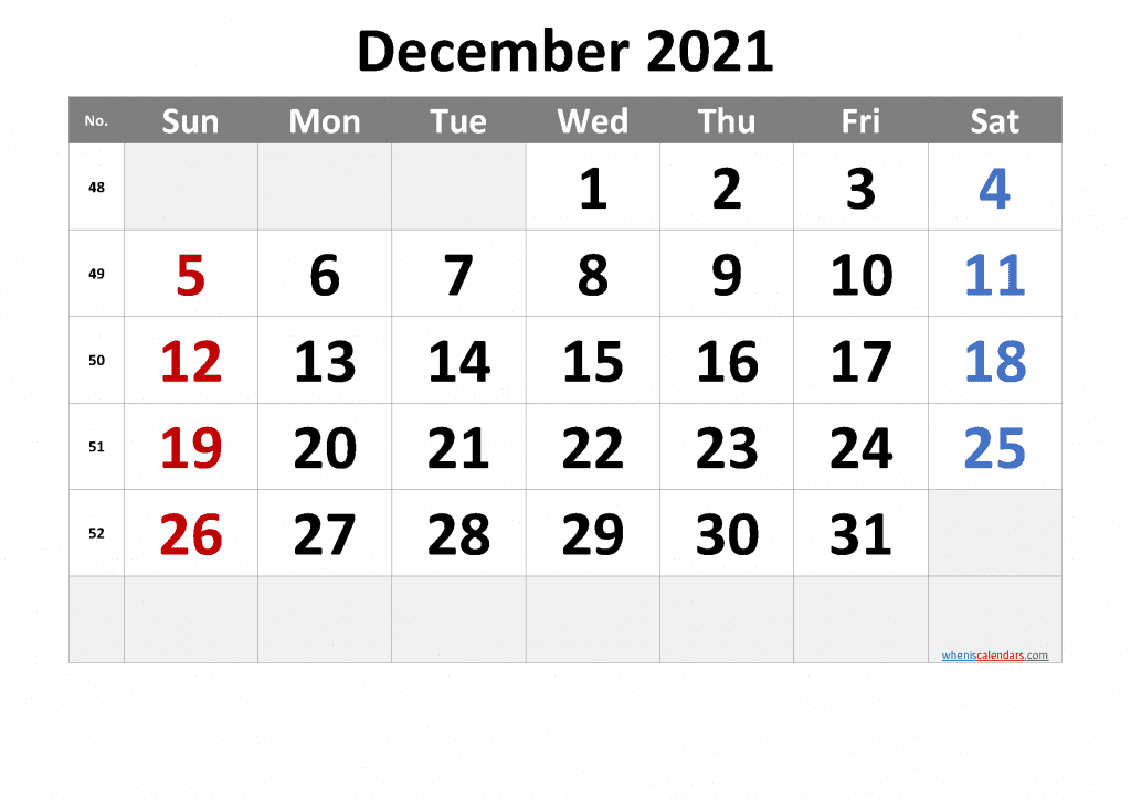 Free Printable December 2021 Calendar as PDF and high resolution PNG image