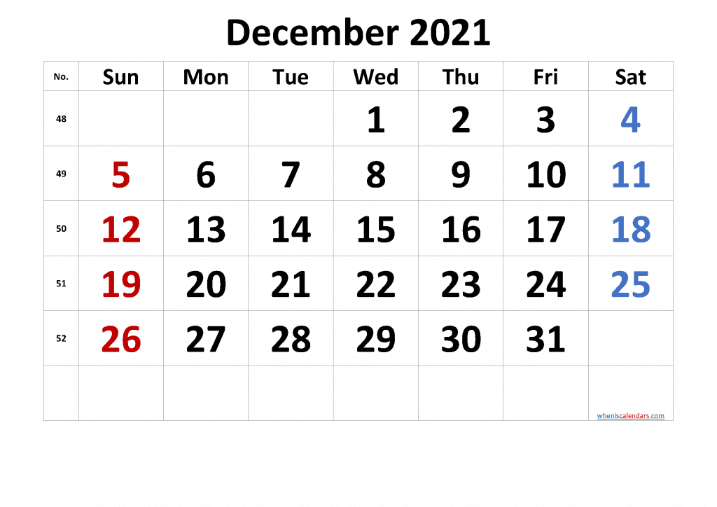 Free Printable December 2021 Calendar as PDF and high resolution PNG image