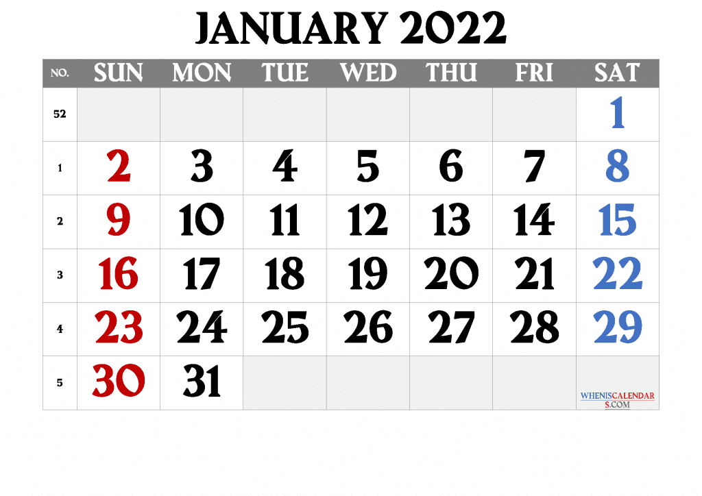 Free Printable January 2022 Calendar with Holidays as PDF and Image