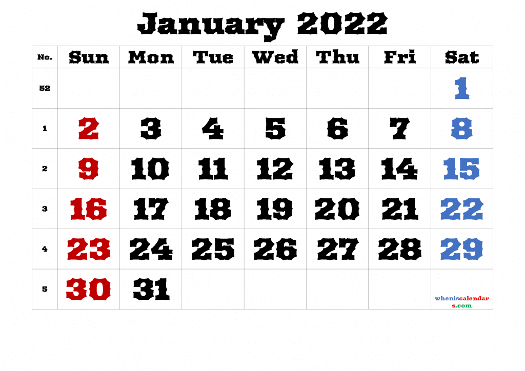 Free Printable January 2022 Calendar with Holidays as PDF and Image