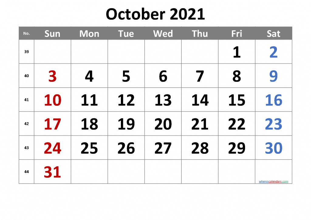 Free Printable October 2021 Calendar as PDF and high resolution PNG image