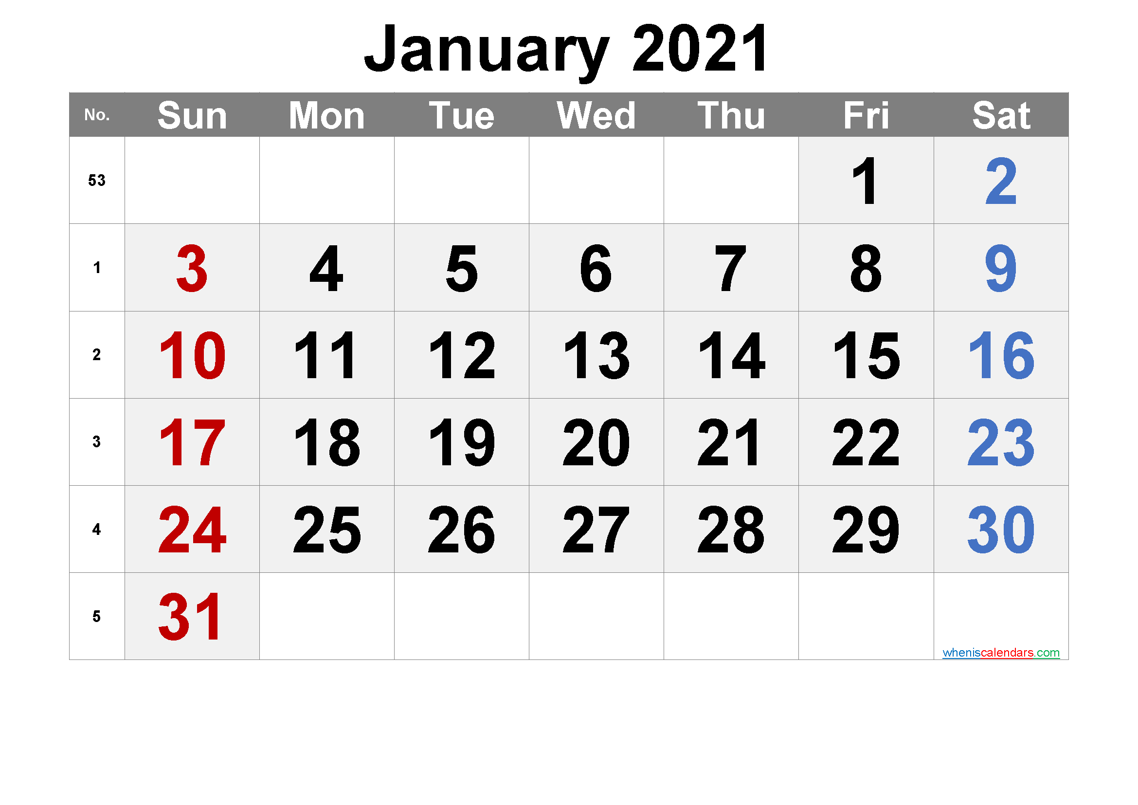Printable January 2021 Calendar