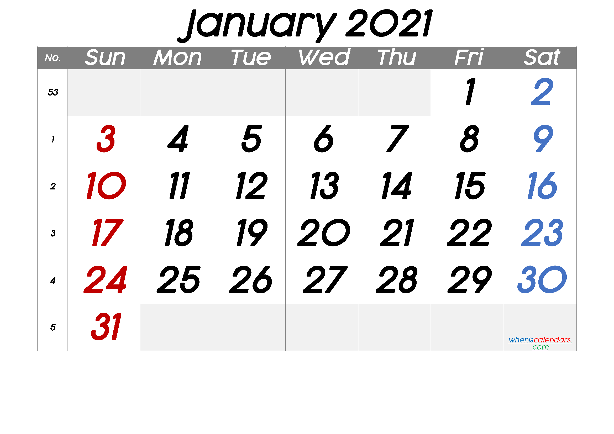 Free Printable January 2021 Calendar with Week Numbers