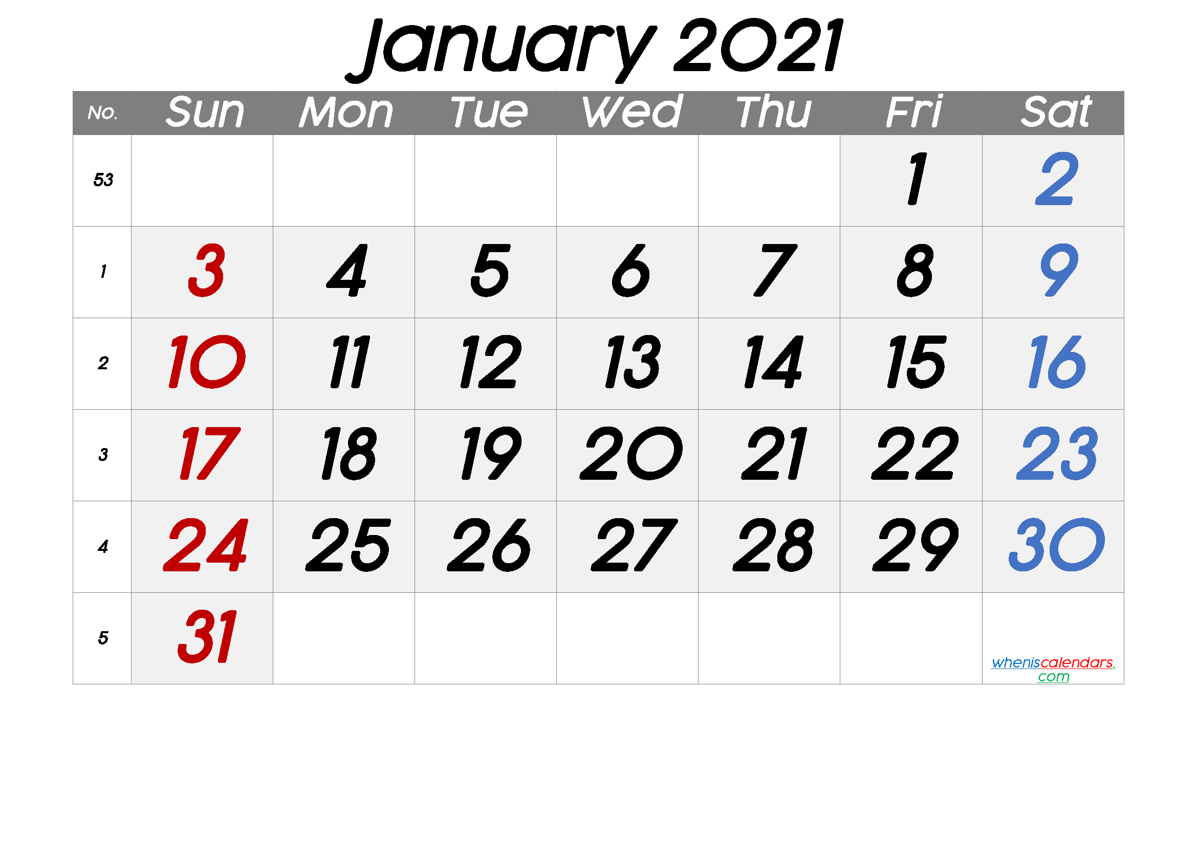 Free Printable Calendar 2021 January