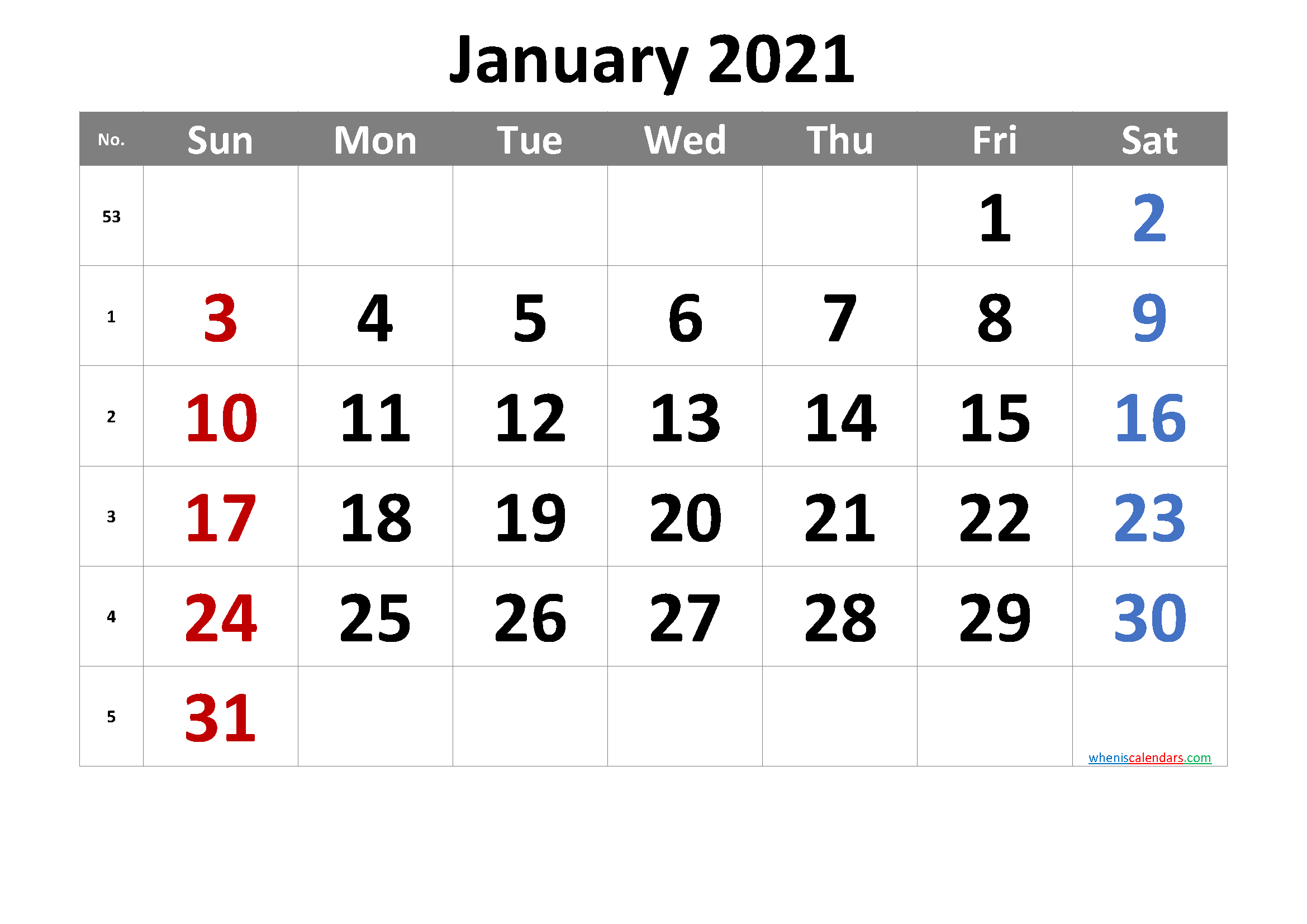 2021 January Free Printable Calendar
